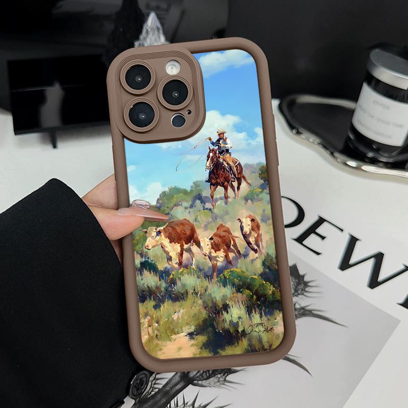 Cowboys driving cattle Pattern Man's Phone Case for iPhone 16 15 14 Pro Max 13 12 11 XR XS Plus Shockproof Non Slip Military-Grade Protection Silicone Cover Cellphone Protective Smartphone Casing