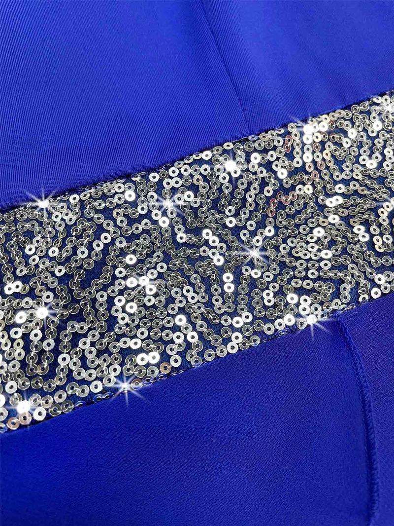 Women's Contrast Sequin High Low Hem Jumpsuit, Elegant 2 in 1 V Neck Jumpsuit for Party, Ladies' Clothes for Spring & Fall Women's Contrast Sequin High Low Hem Jumpsuit, Elegant 2 in 1 V Neck Jumpsuit for Party, Ladies' Clothes for Spring & Fall