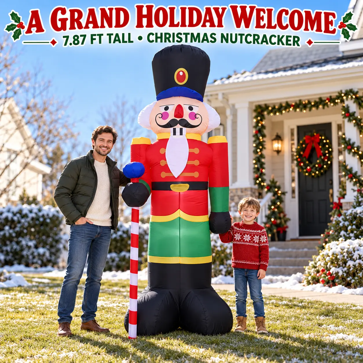 8FT Magical Standing Giant Christmas Inflatable Nutcracker Soldier with Staff, LED Lights, Outdoor Yard Blow Up Decor for Holiday Xmas Party, Garden Lawn Home Winter Festival Ornament Supplies