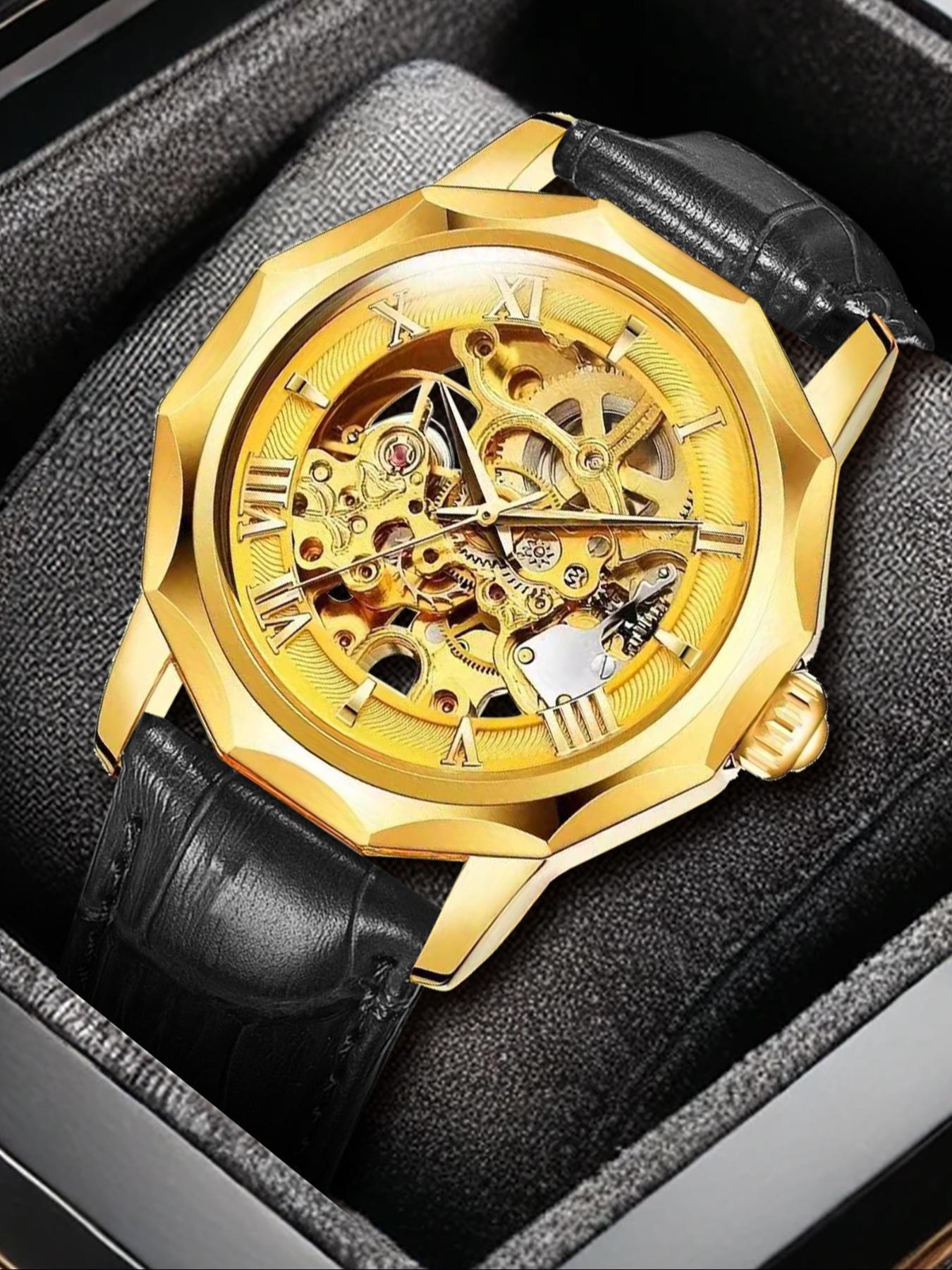 Men's Business Fashion Round Dial Stainless Steel Strap Analog Mechanical Watch, Mechanical Style Watches, Skeleton Wrist Watch for Party, Daily Clothing Decor, for Birthday Gift with Box, Skeleton Watches