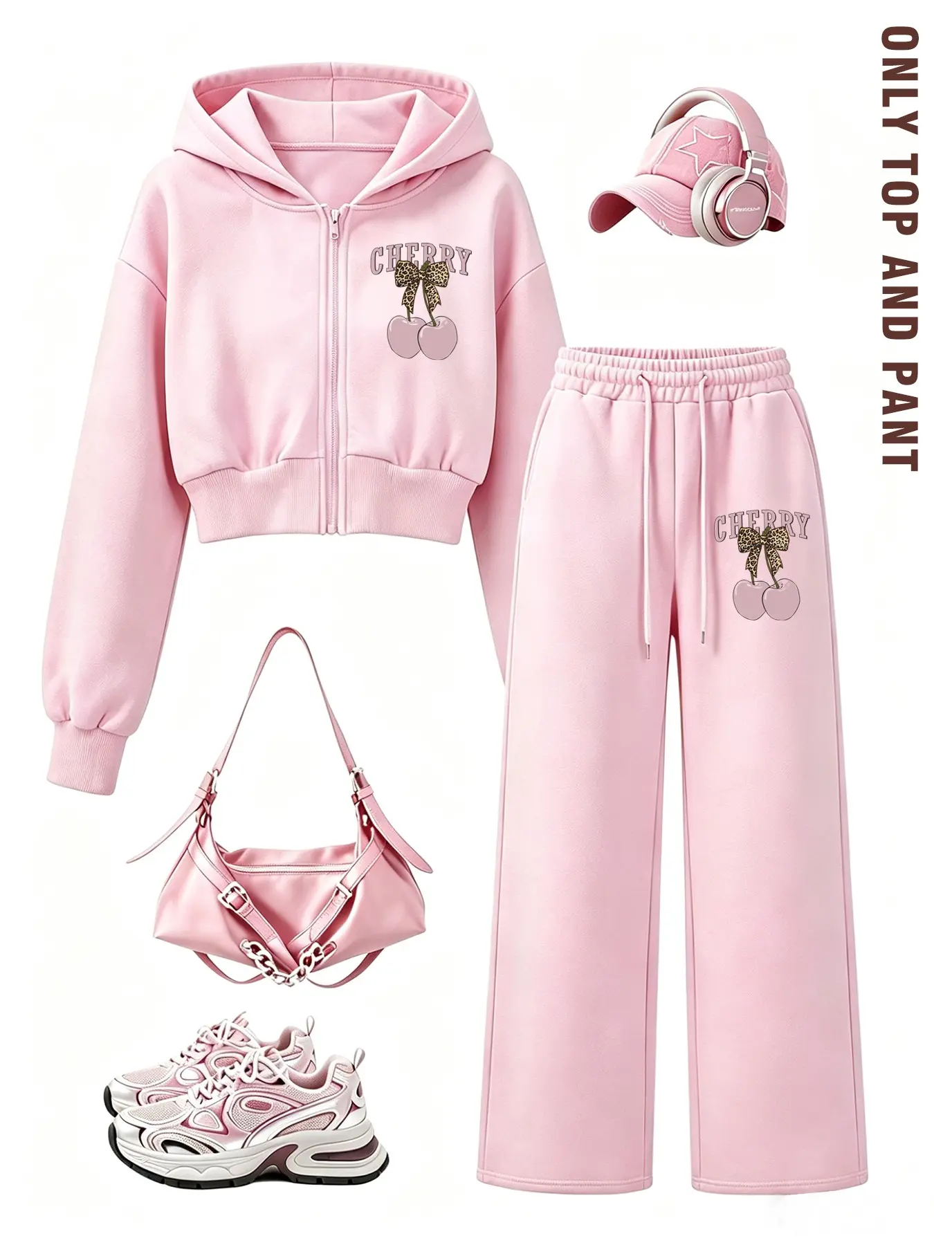 Autumn and winter pink cherry leopard print bow zip-up hoodie set, made of soft fleece fabric, perfect for campus daily wear, parties, going out, and lazy days at home #pinktracksuit #casualloungewear #womensstreetstyle set #Co-ords