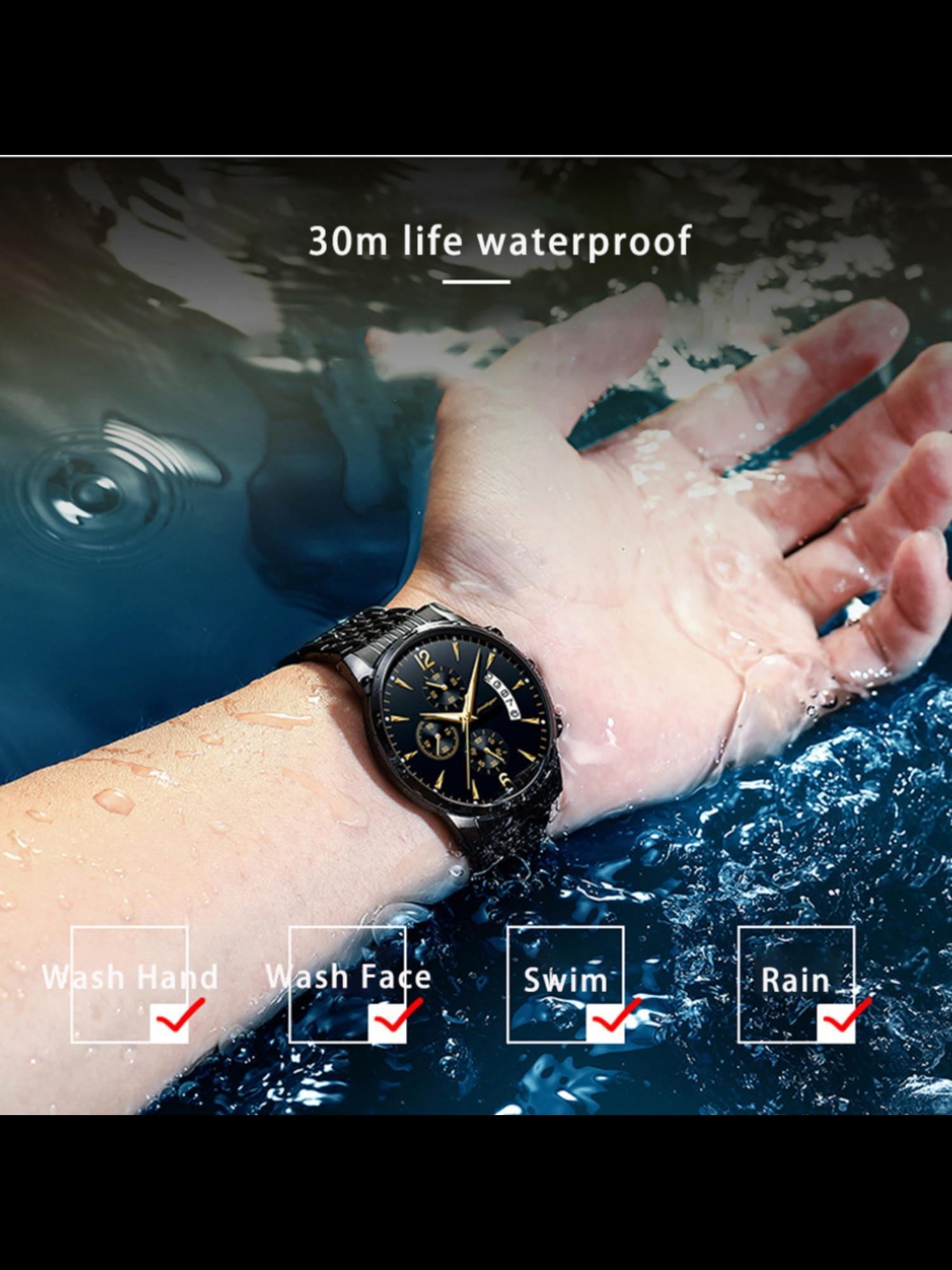 Men's Watch 30m Waterproof Business Fashion Gold Stainless Steel Strap Calendar Quartz Wristwatch Movement Luminous Fashionable Dial Gift for Father's Day Valentine's Day Water Resistant Watch
