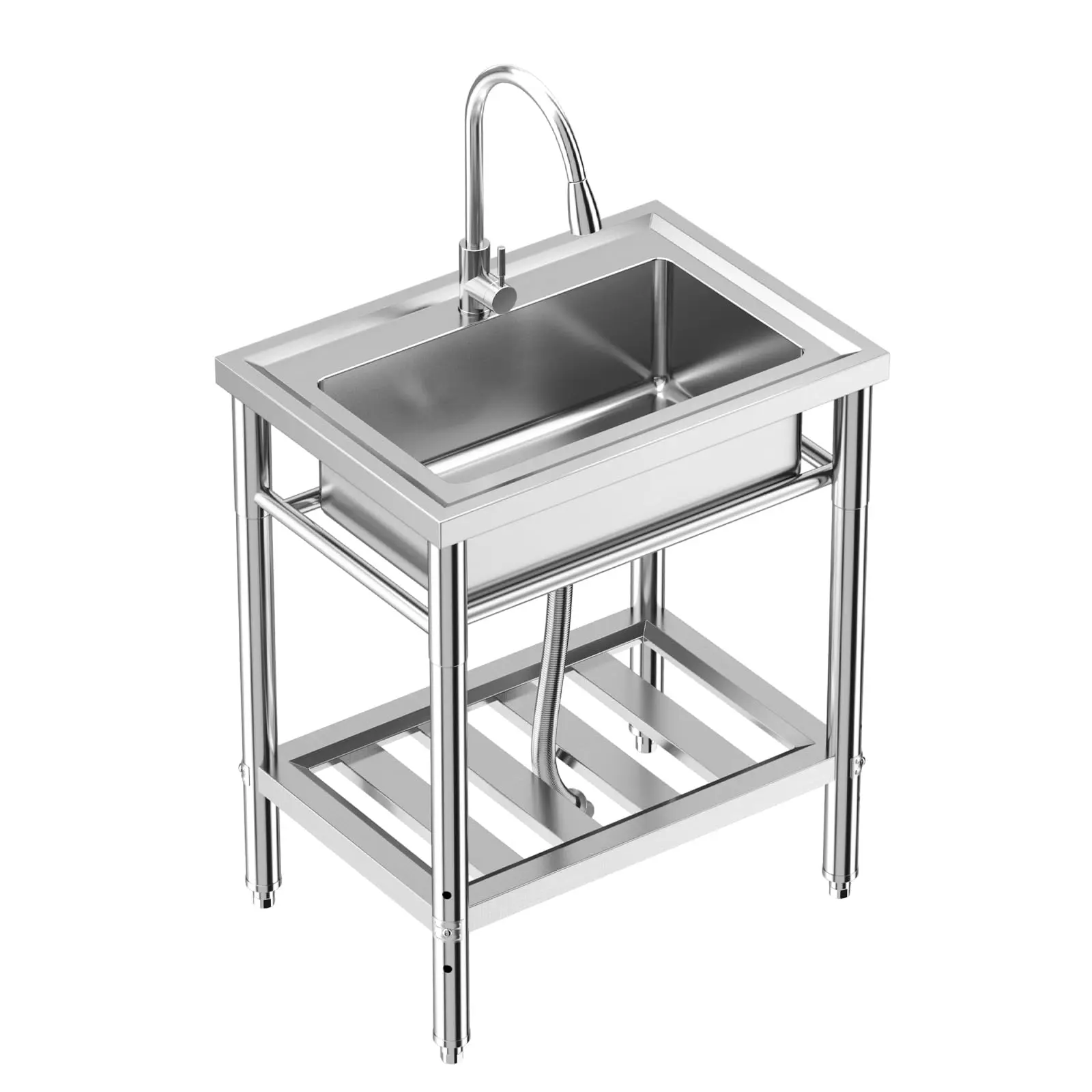 GARVEEStainless Steel Freestanding Utility and Kitchen Sink with Single Bowl, Adjustable Legs, Storage Shelf, Hot & Cold Hoses, and Optional Faucet for Commercial, Laundry, and Workshop Use
