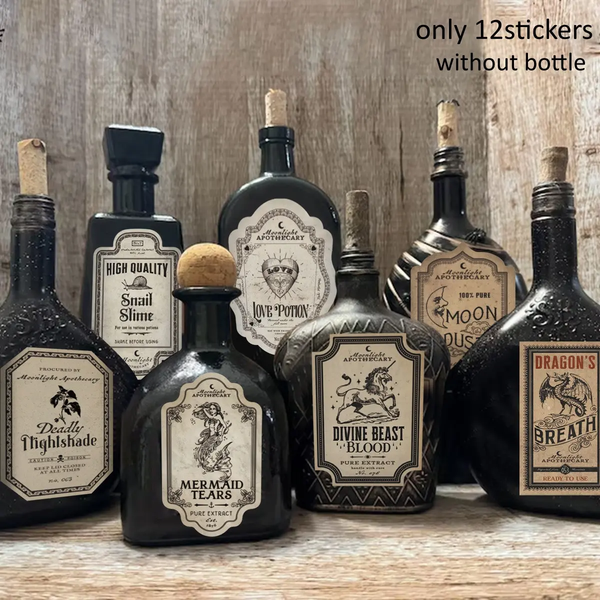 12pcs Vintage Scary Potion Bottle Stickers, Sticker Decals, Scrapbook Decals, Apothecary Bottle Labels Stickers, Retro Witch-Themed Paper Decorative Tags, Spooky Potion Bottle Decoration, Halloween Holiday Party Decor
