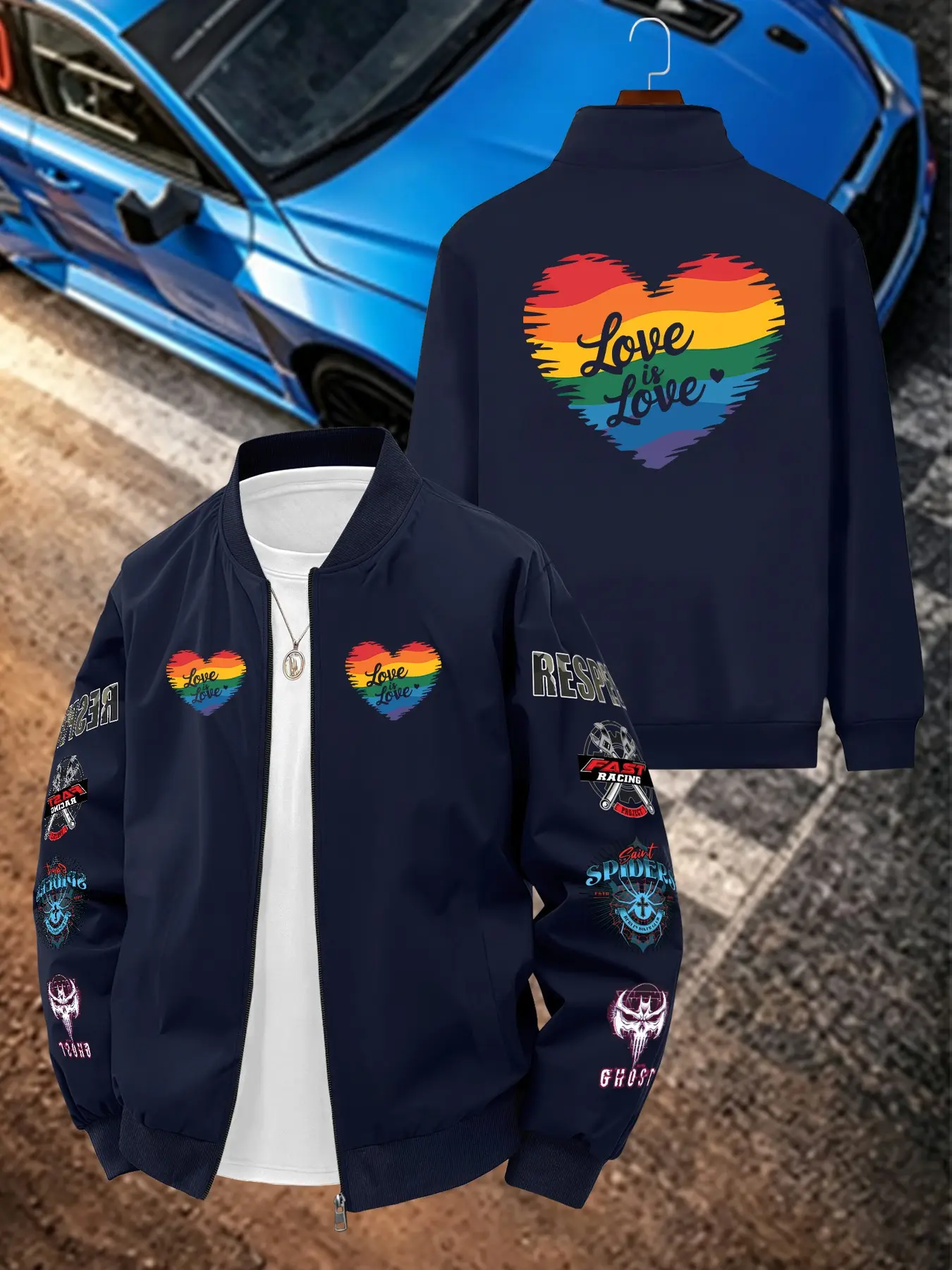 Rainbow Heart Print Men's Casual Jacket, Long Sleeve Slim Fit, Geometric Pattern, All Seasons, H-Type Silhouette