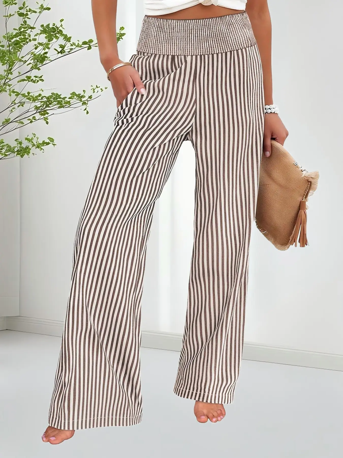 New Women's High-Waisted Long Pants, Pleated Waist Pocket Design, Striped Print, Elegant Fashion, Versatile Wide Leg Trousers