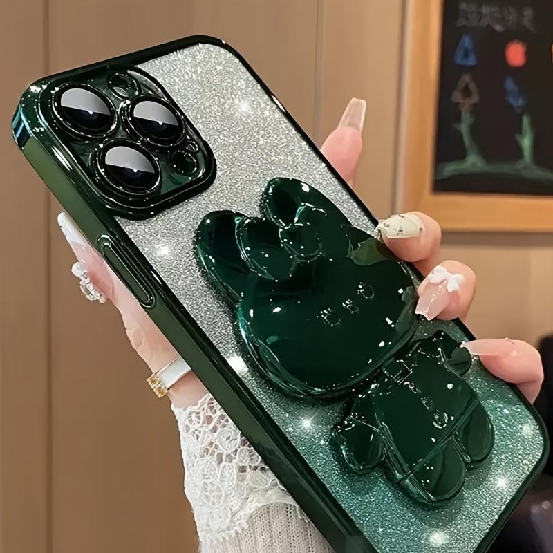 Glitter Electroplated Phone Case With Cute Rabbit Hidden Mirror Stand, Shockproof Slim Protective Cover Compatible With Smartphones 11-17 Pro Max