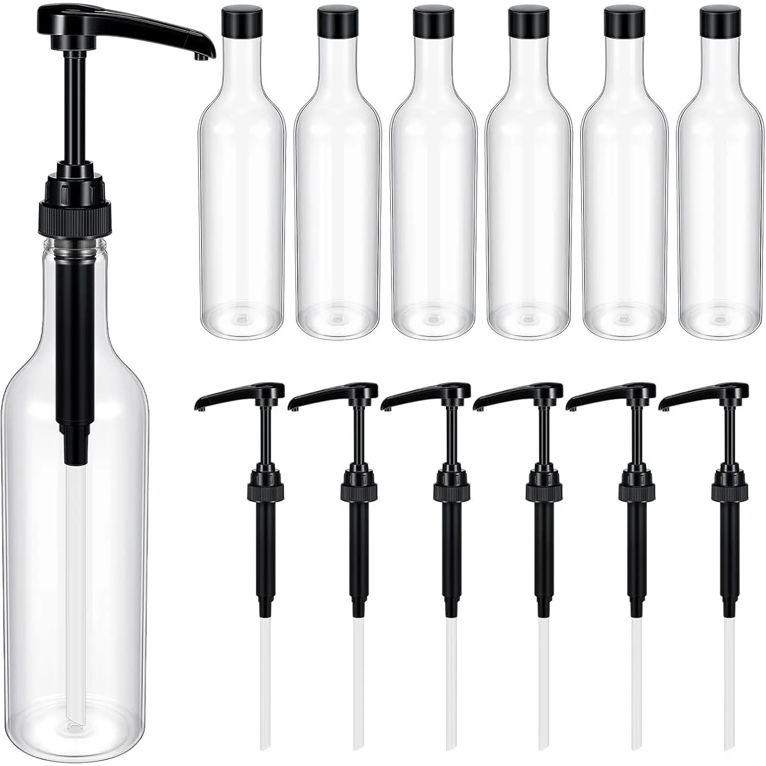 6 Pcs 25 oz Plastic Syrup Bottles with Pump Syrup Dispenser, Black | Clear Dispenser Bottle for Coffee Bar Accessories, Long Neck, Sauce Condiment, Party Drink Service, Kitchen Restaurant Home