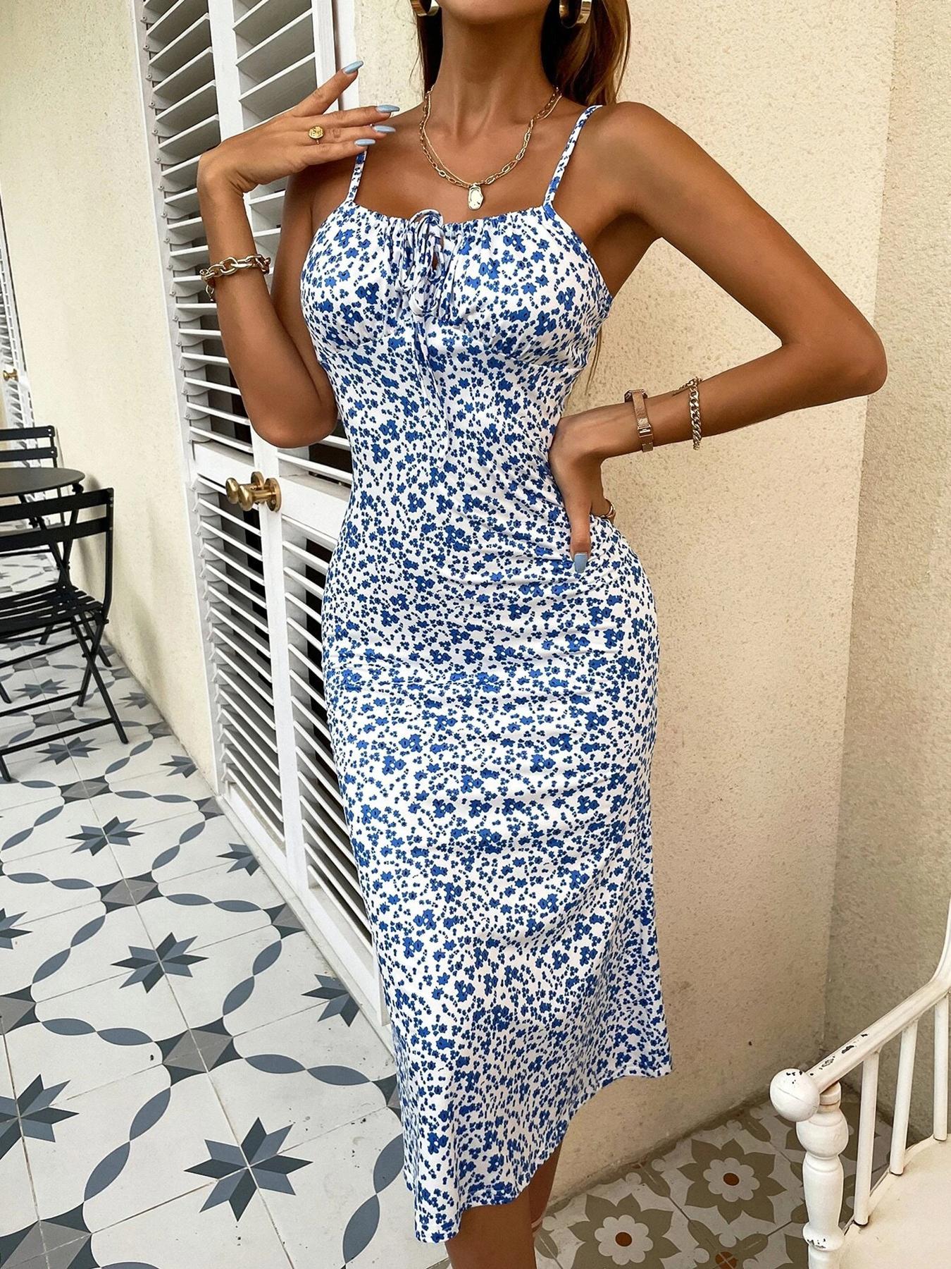 Women's Floral Slim Fit Dress, Sexy Fashion Elegant Party Vacation Holiday Summer Wear, Sleeveless Midi Dress with Adjustable Straps