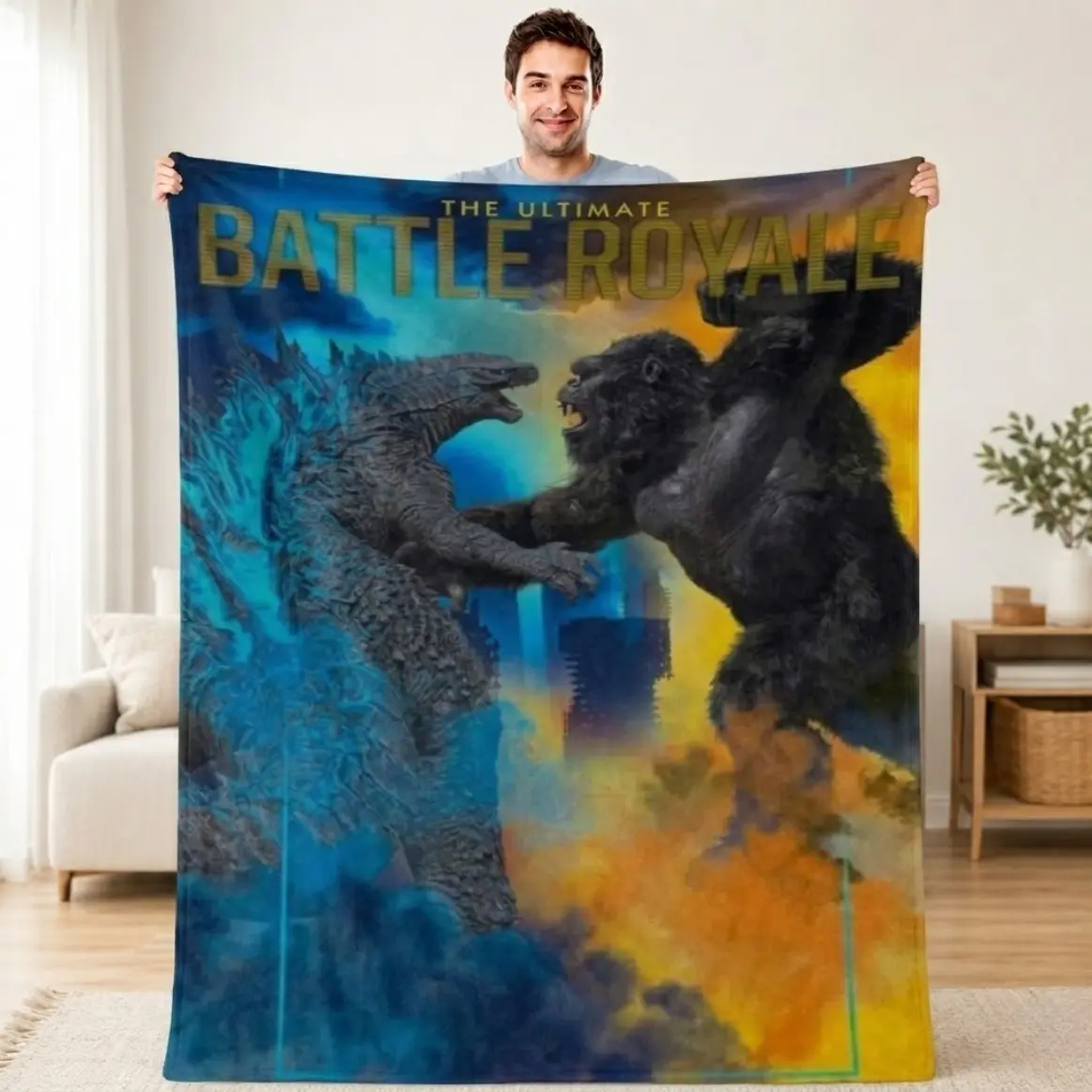 Kong Vs Godzilla Movie-Inspired Soft Fleece Blanket - Breathable, Wrinkle-Resistant, Year-Round Textile Throw for Sci-Fi Fans, Ideal for Bed Use, Perfect Movies & Garden Gift for Adults