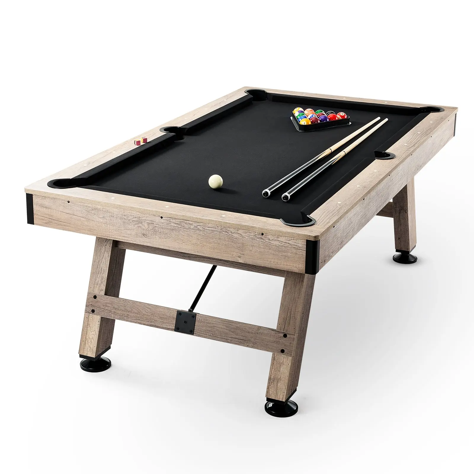 VEVOR 7 ft Standard Size Billiards Table with Wood Frame, Adjustable Legs & Stable Base, Complete Pool Table Set Including Balls, Cues, Chalks & Brush, Wood Color with Black Cloth for Family Games Room