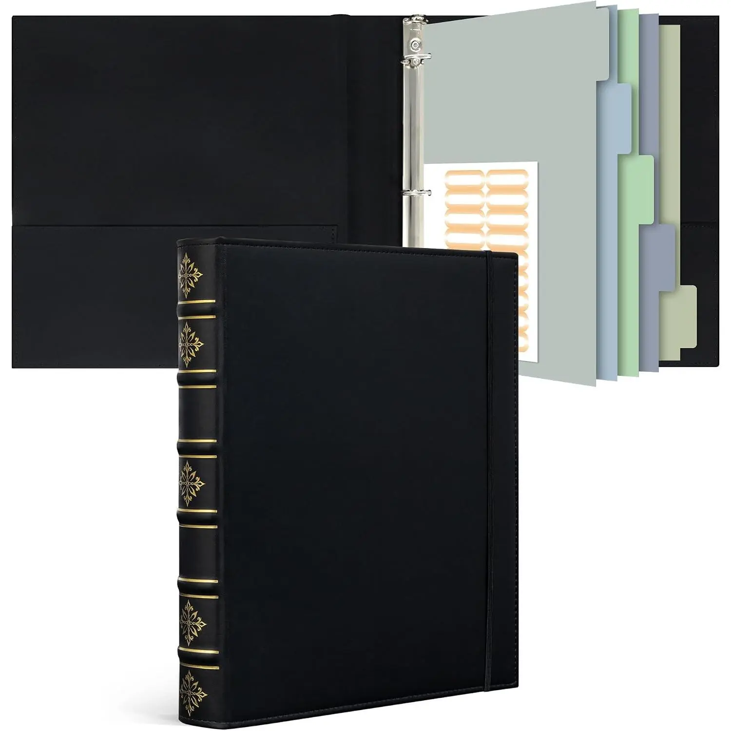 Leather 3 Ring Binder 1 Inch, Hardback D Ring Binder with Pockets and 5 Tab Dividers, Book Style Document Organizer Fits Letter Size Paper for  and Office Black