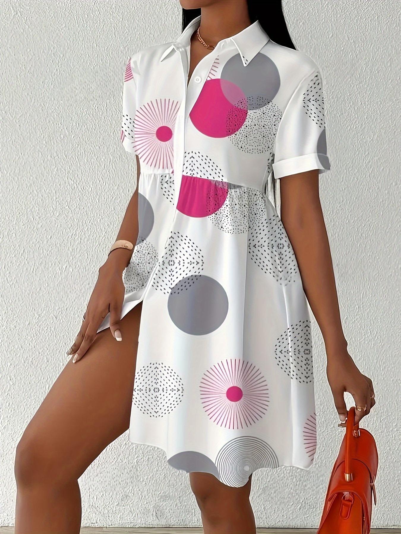 【Plus Size】 All Over Print Shirt Dress, Casual Short Sleeve Collared Dress for Summer, Women's Clothes for Daily Wear