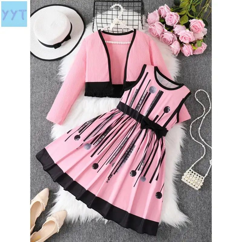 YYT1  Girls' 2-Piece Cute Dress Set, Casual A-Line Dress with Random Print and Fringed Cardigan, Skin-Friendly Outfit Parties, Cute Dresses, Children-Sized Casual Dresses