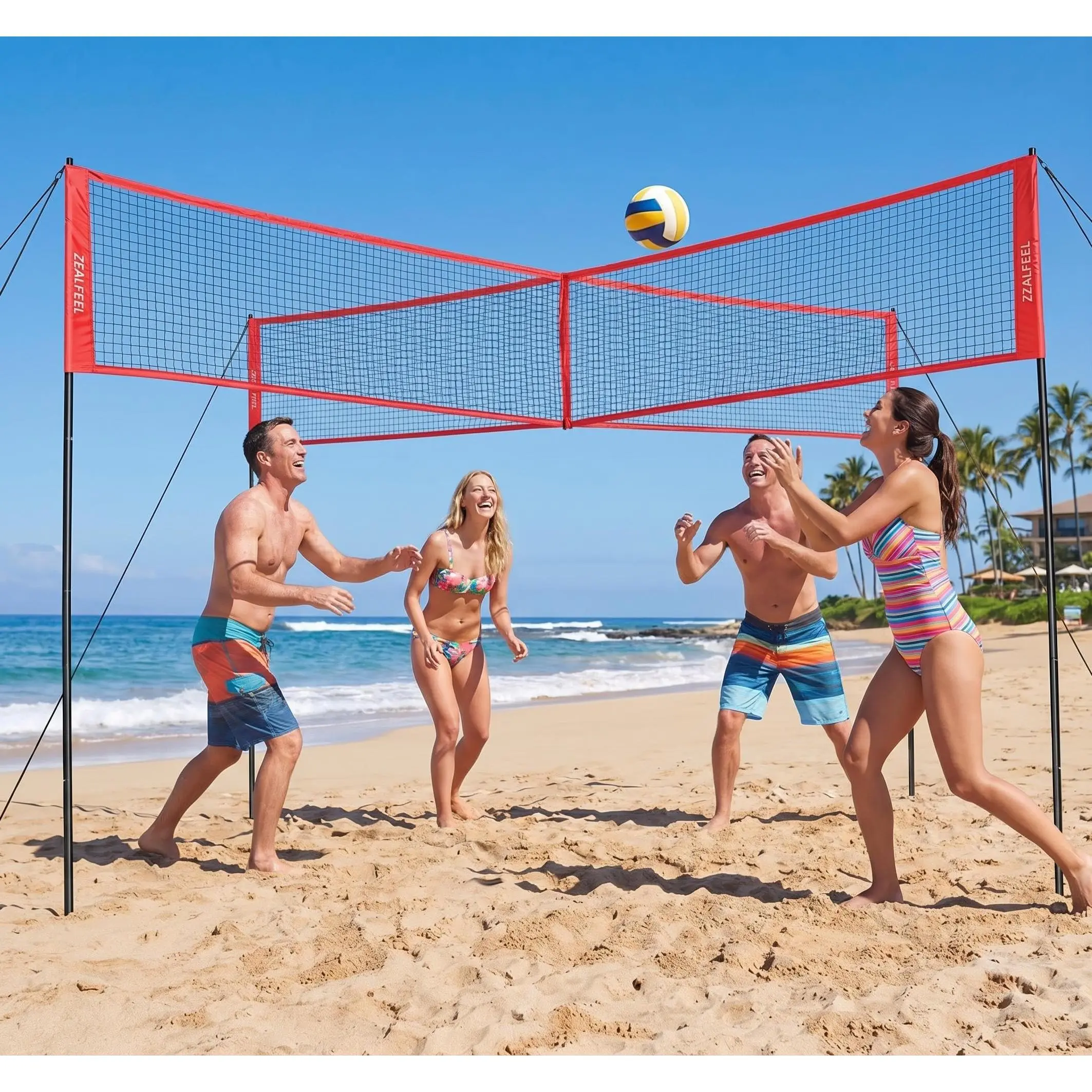 Adjustable 14FT 4-Way Volleyball Net Set - Portable 4-Square Game Kit with PE Net, Iron Frame, Ball, Pump, Hammer & Carry Bag - Ideal for Outdoor Backyard, Beach, Family Sports