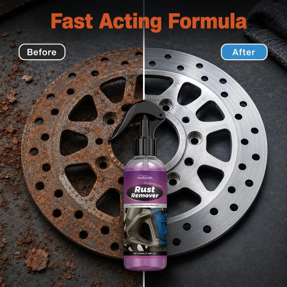 Multi-Functional Metal Rust Remover Spray, Car Motorcycle Wheel HUB Frame Hardware Care, Household Industrial Rust Cleaning Agent, 100ML