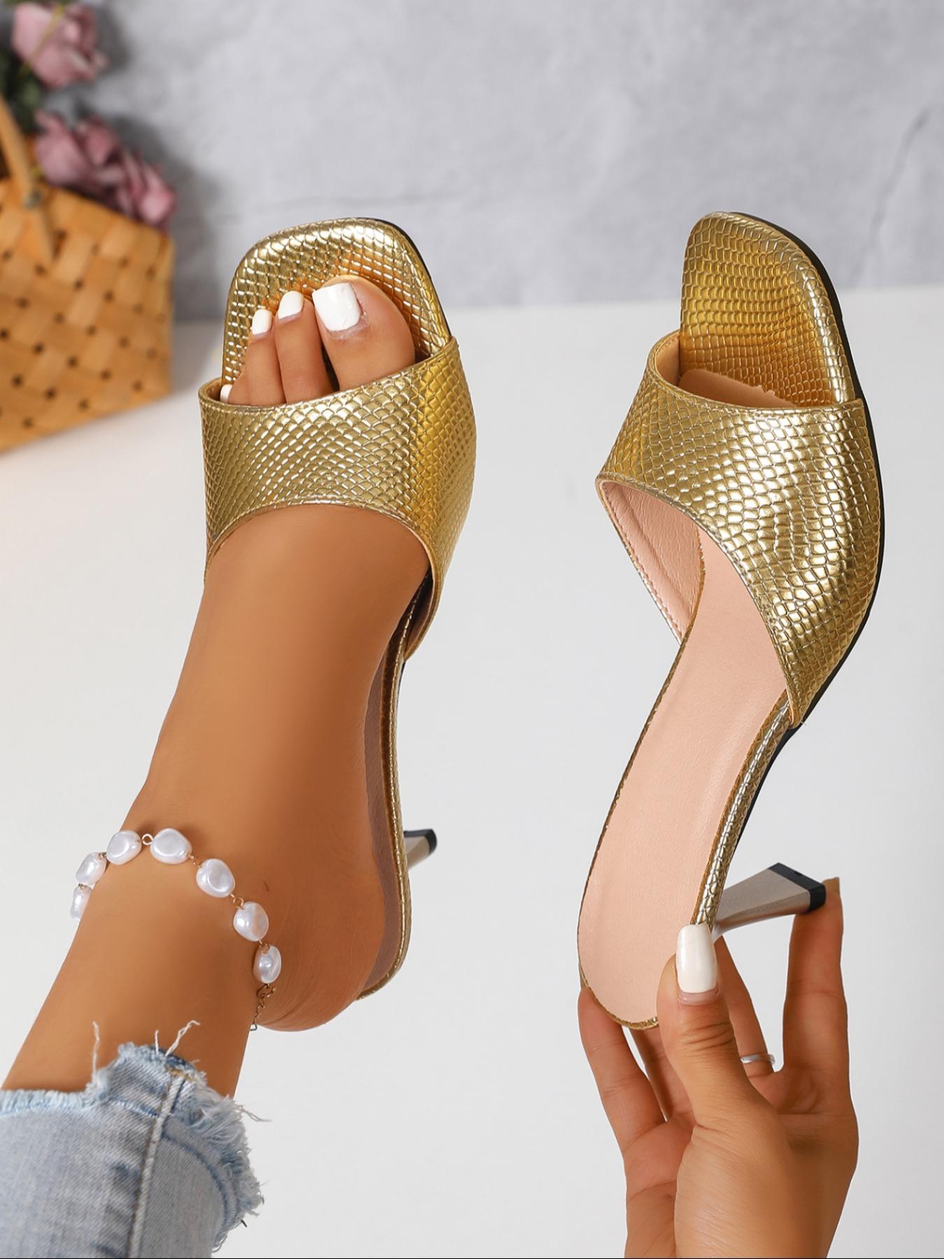 Women's Square-Toe High Heeled Sandals, Summer Casual Shoes with Unique Snakeskin Pattern and Flat Irregular Heel, Stylish and Comfortable Footwear for Daily Wear