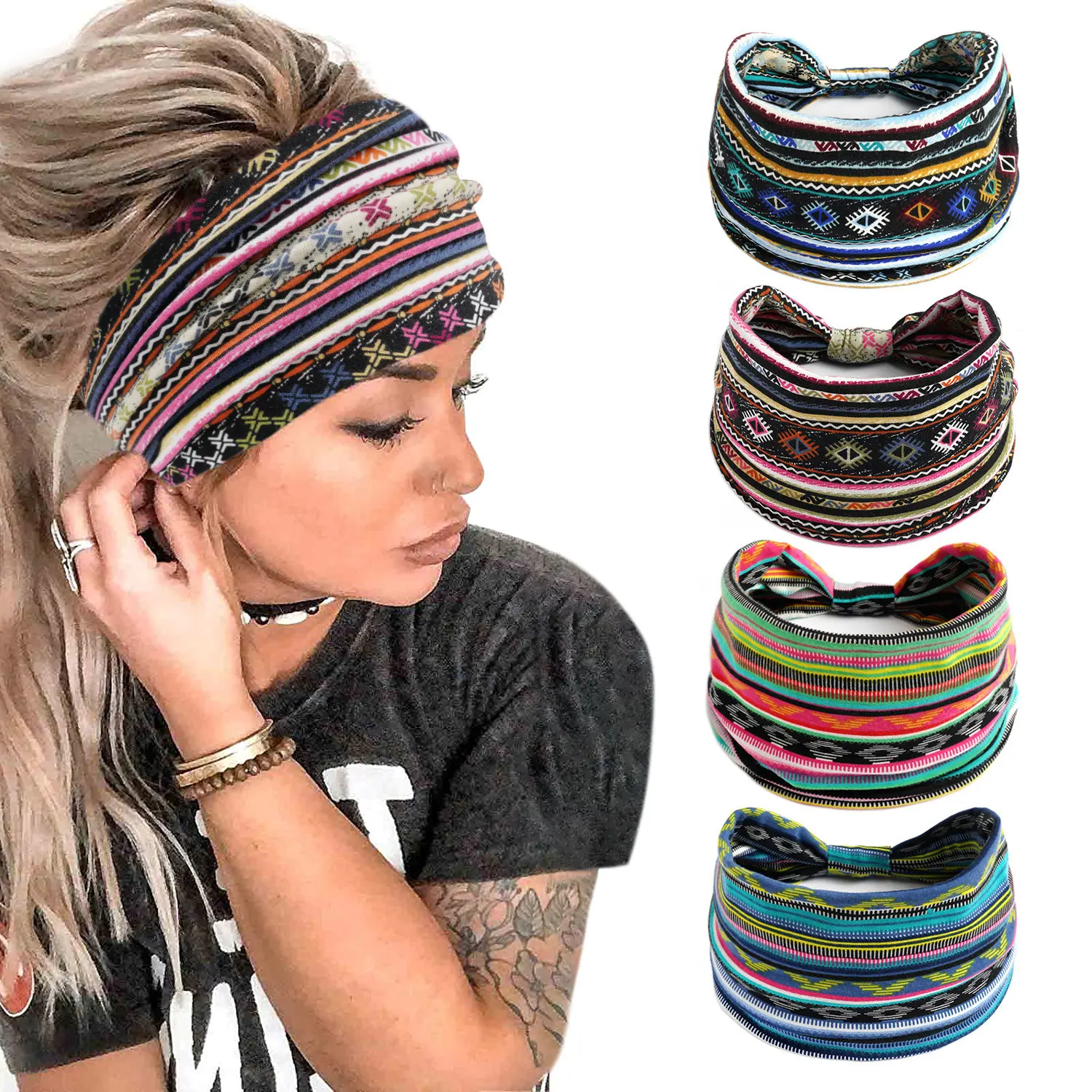 Vintage Boho Wide Fabric Head Wrap, Summer Sweat Wicking Yoga Turban Headband for Sports