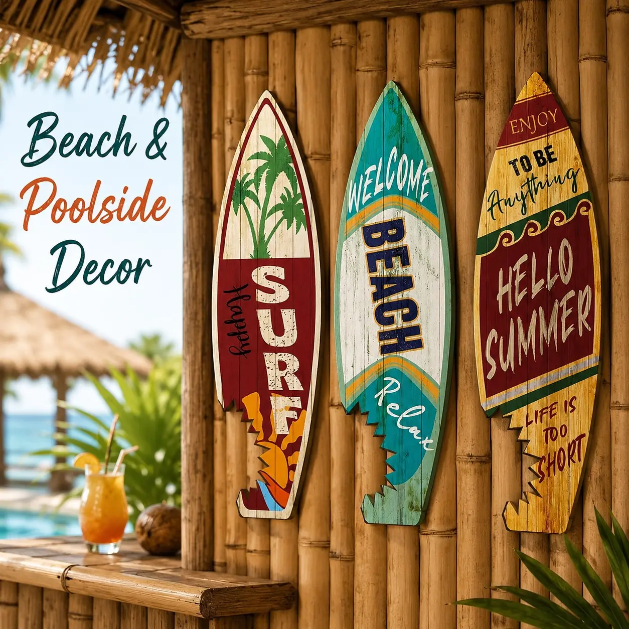 3-Piece Summer Surfboard Wooden Wall Decor Set, Tropical Beach Style Hanging Signs, Rustic Wood Art, Interior Wall Decor for Hawaii Parties, Coastal Homes, Living Rooms, Patios