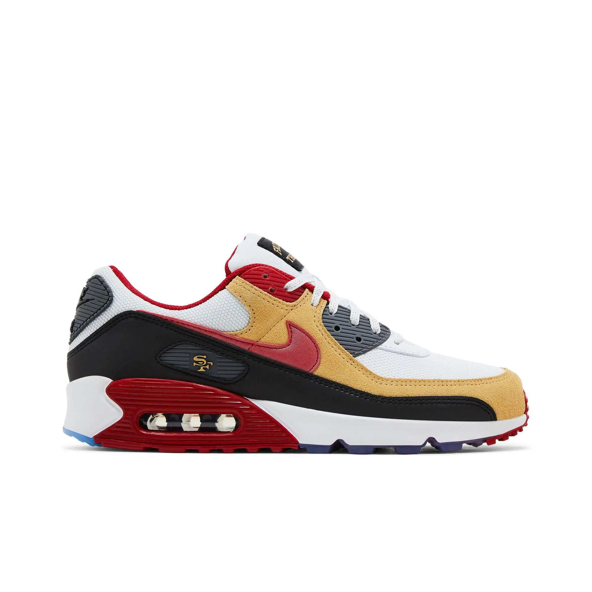 Nike Air Max 90 'San Francisco 49ers' (Unisex) Ankle Height Running Shoes - White/Gym Red/Black, Lace-Up Closure, Mesh Upper, Shock Absorption, Style II7588 100