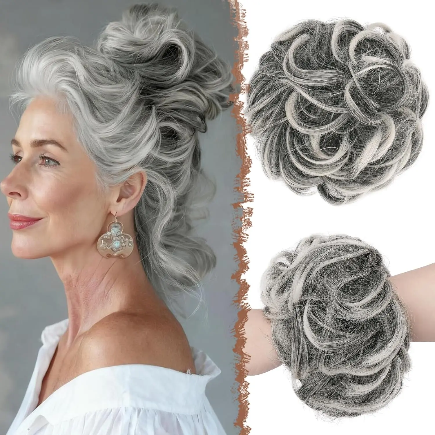 Feshfen Large Messy Bun Hair Piece - Wavy Synthetic Chignon Scrunchies Elastic Ponytail Hair Extensions Thick Hairpieces for Women, Black Gray and White Tips 1.94oz