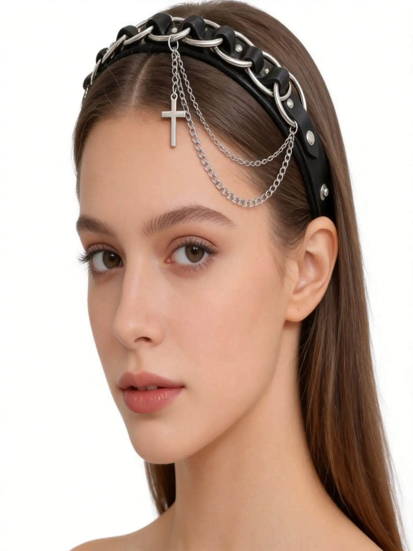 PU Leather Punk Headband with Big Metal O-Rings, Double Layer Cross Pendant Chain, Gothic Y2K Alternative Hair Hoop, Unisex Streetwear Hair Accessories for Women Girls, Ideal for Halloween, Rock Concert, Cosplay & Dark Aesthetic Party Costume Gift