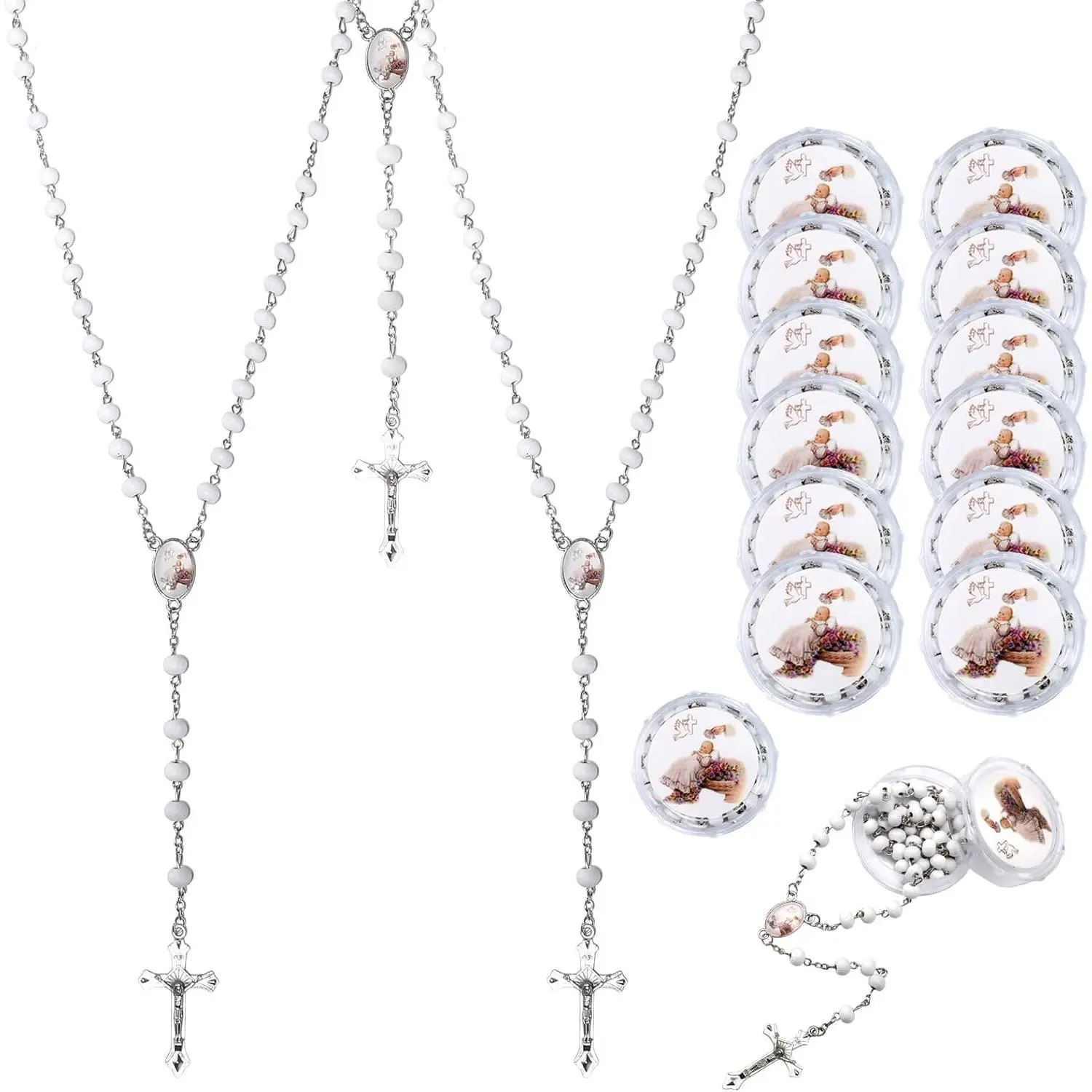 12 count Guardian  Angel White Bead Scented Rosaries For Baptism Gifts Girls Boys,Rosaries In Bulk For First Communion Party Favors Guests,Rosarios Catolicos 12 Pack Para Recuerdos De Bautizo