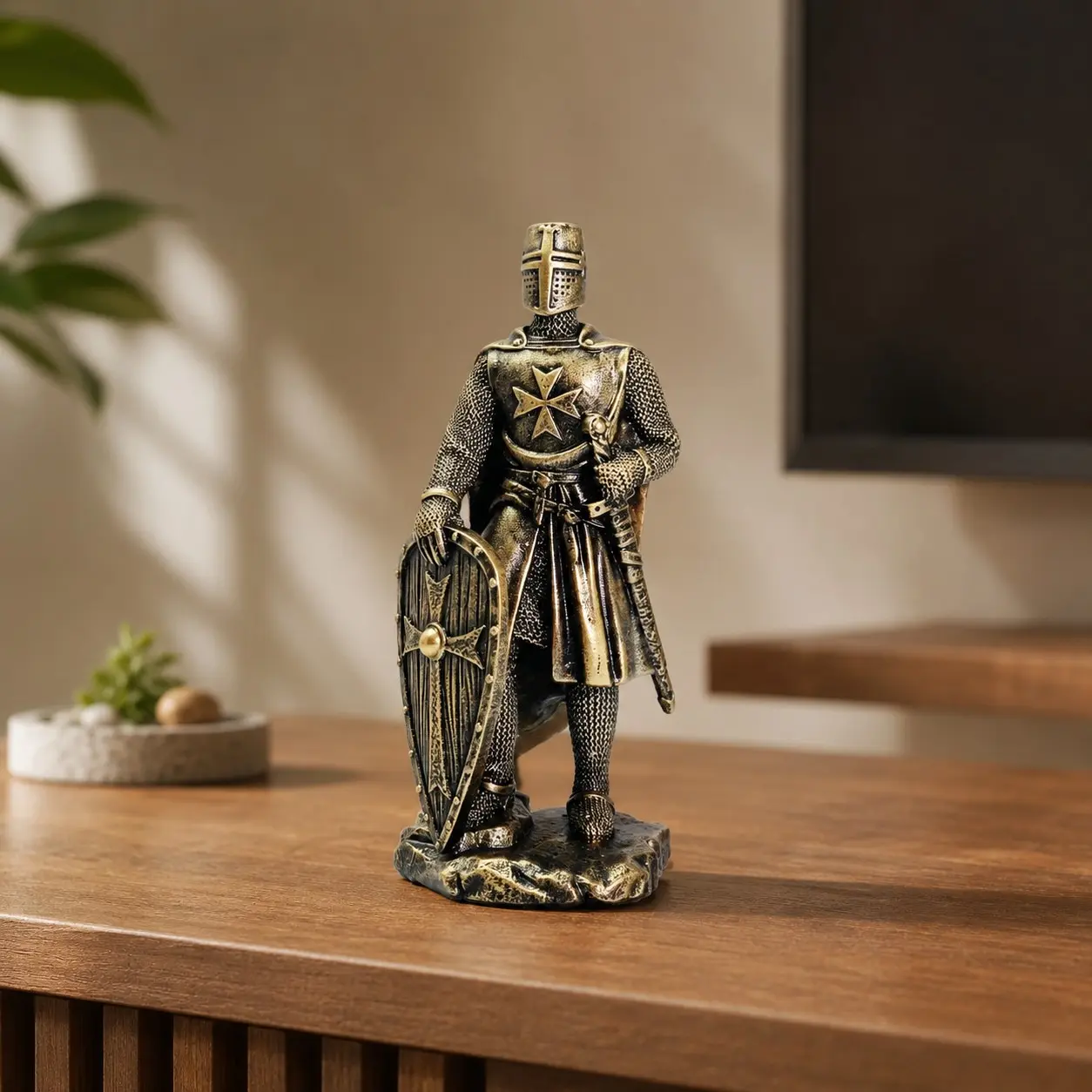 1PC Golden Shield Knight Statue, Vintage Resin Warrior Figurine with Sword, Shield & Detailed Armor, Tabletop Decor for Home Office, Desk, Bookshelf, Living Room & Gift for Him.