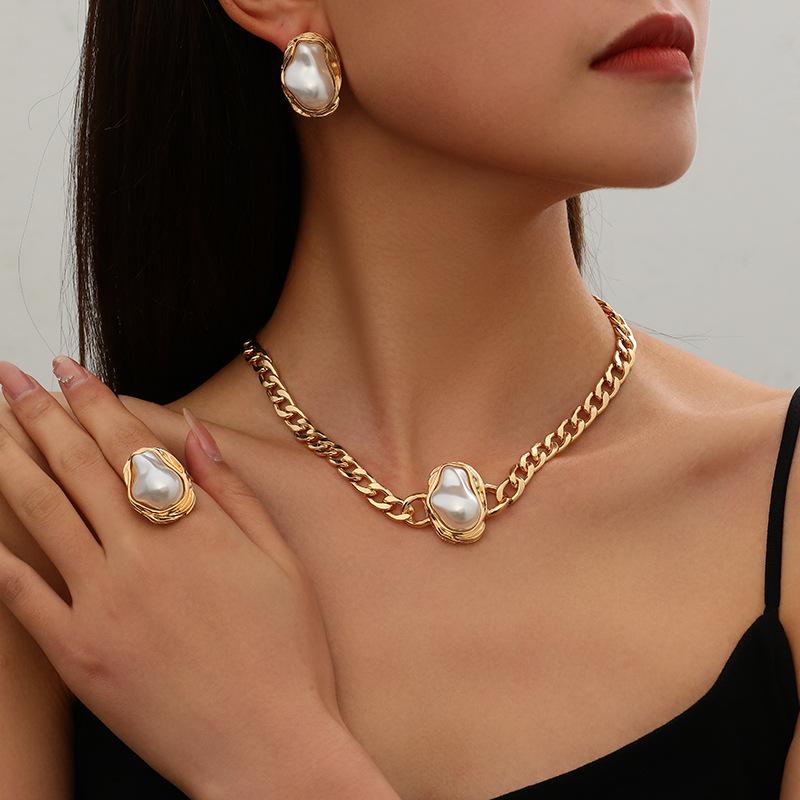 Gold Chunky Chain Baroque Pearl Jewelry Set for Women, Vintage Irregular Pearl Necklace Earrings Set, Elegant Retro Jewelry Gift