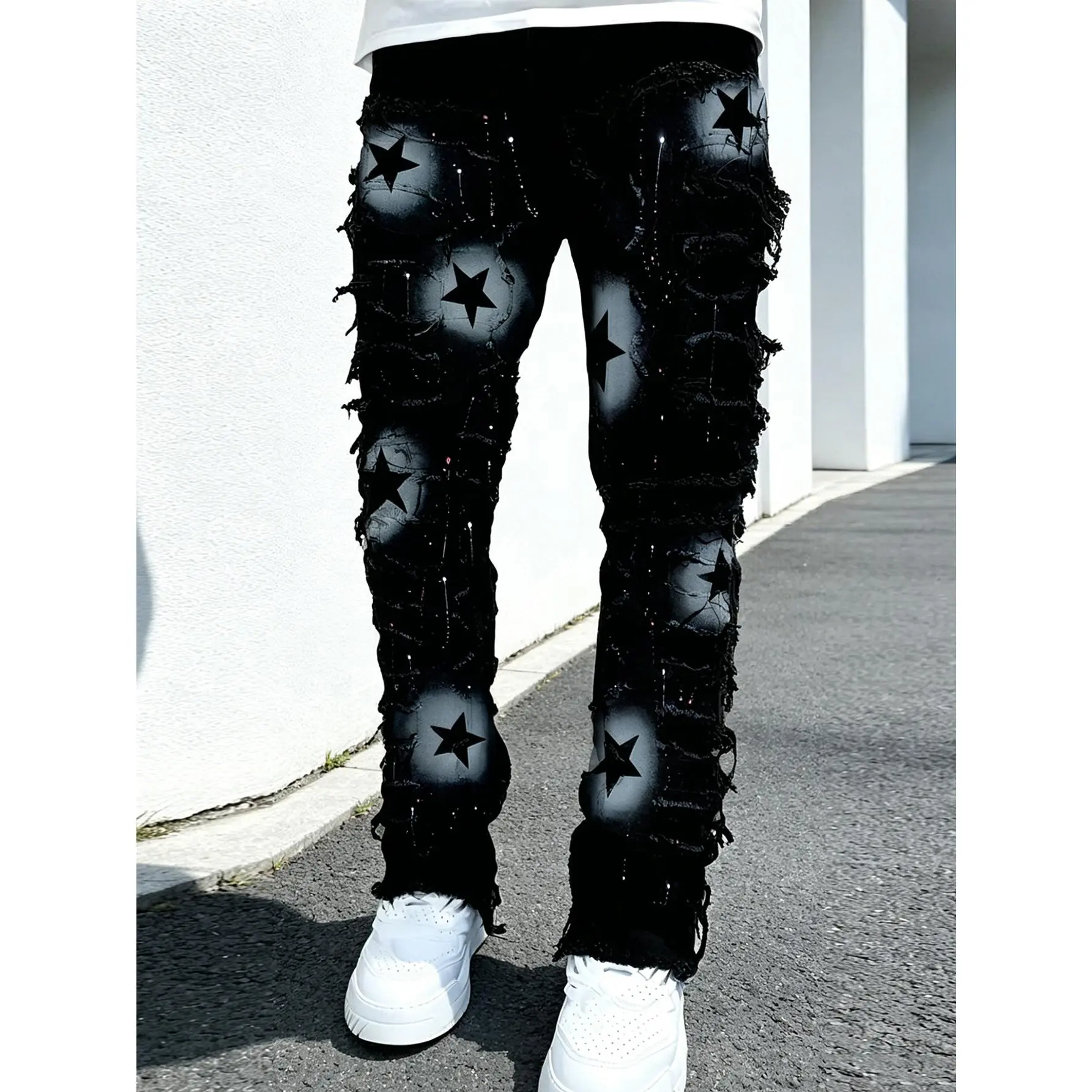1-piece set of men's straight leg jeans, featuring star printed frayed edge patch design and perforated straight leg jeans, and street casual trendy men's pants (available in two colors)