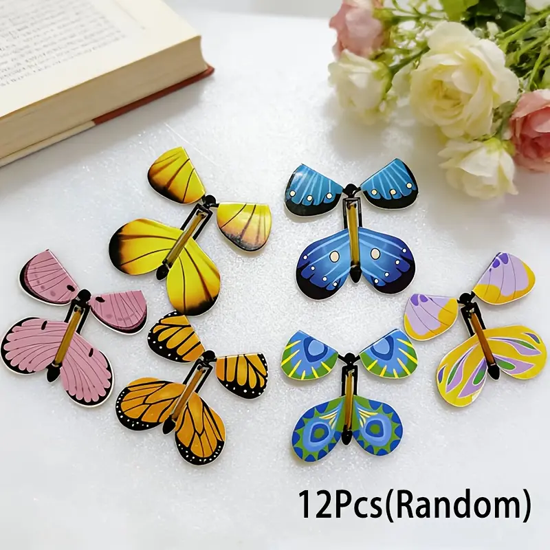 Unisex Plastic Flying Butterfly Toys - 12 Colorful Battery-Free Surprise Party Gifts with Unique Patterns, Ideal for Kids' Birthdays, Classroom Prizes, Random Assortment, None
