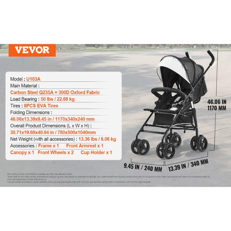 VEVOR Lightweight Stroller, Compact Easy Fold MultiPosition Recline Canopy Backrest, Carbon Steel Frame, Large Storage Basket, Umbrella Toddler Baby Stroller for Travel and More, Black/White