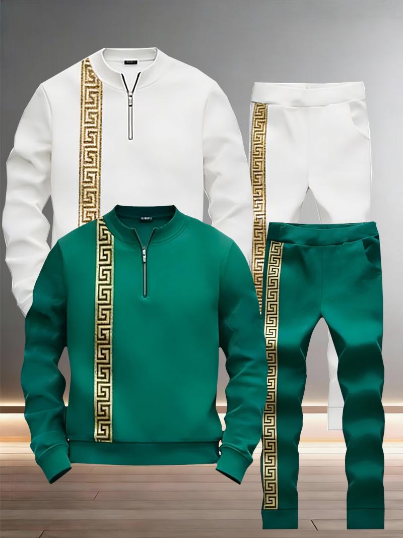 Retro Greek Key Accent Men's Tracksuit - Half-Zip Stand Collar 2-Piece Activewear (Multi-Color)