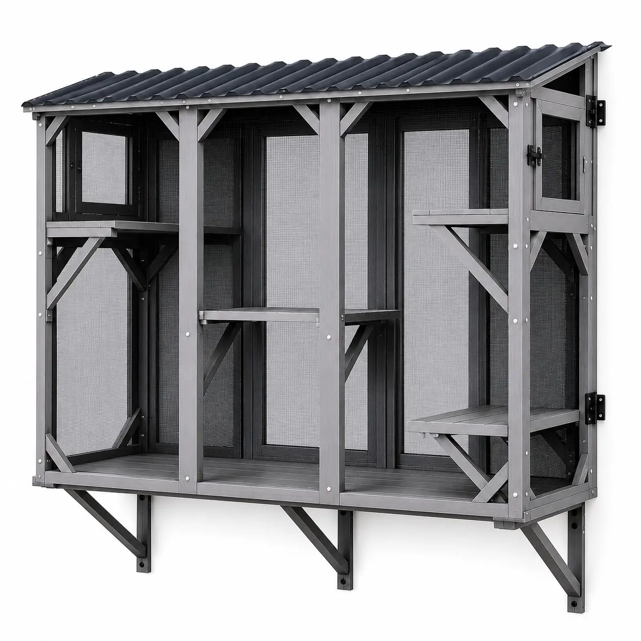 2-in-1 Cat Window Perch & Outdoor Catio – 70" Wooden Patio House with UV-Proof Roof, 5 Platforms & 2 Lounging Boxes, Rust-Proof Mesh for Backyard