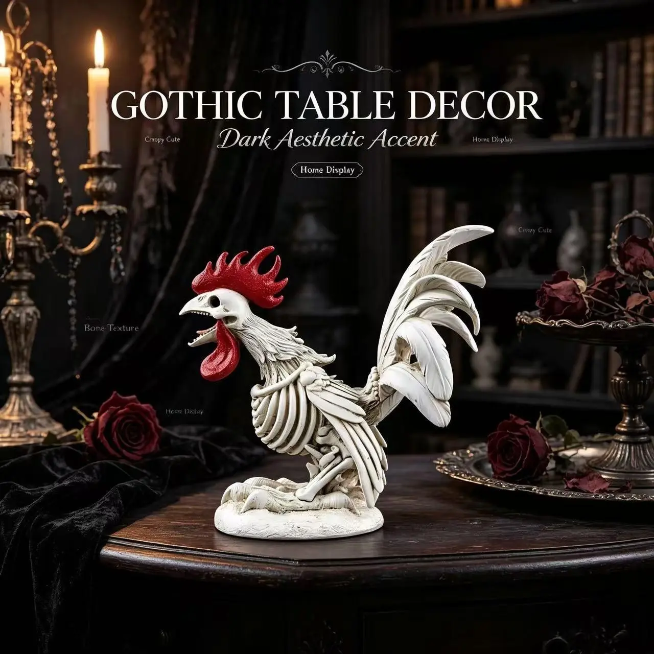 Halloween Skeleton Rooster Resin Sculpture, Creepy Gothic Bone Chicken Figurine, Spooky Desktop & Yard Ornament, Haunted House Decor