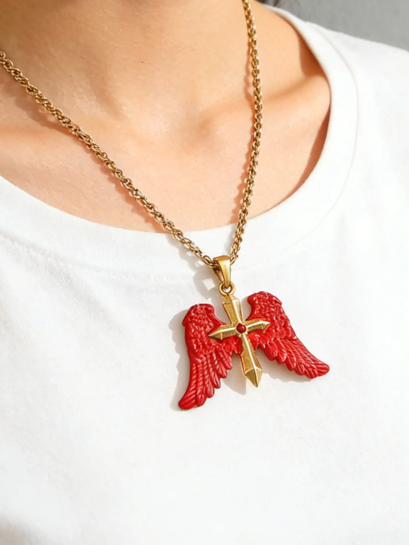 Angel Wings Cross Pendant Necklace, 18k Stainless Steel, Colorful Wing Sword Necklace, Punk Style Unisex Religious Jewelry