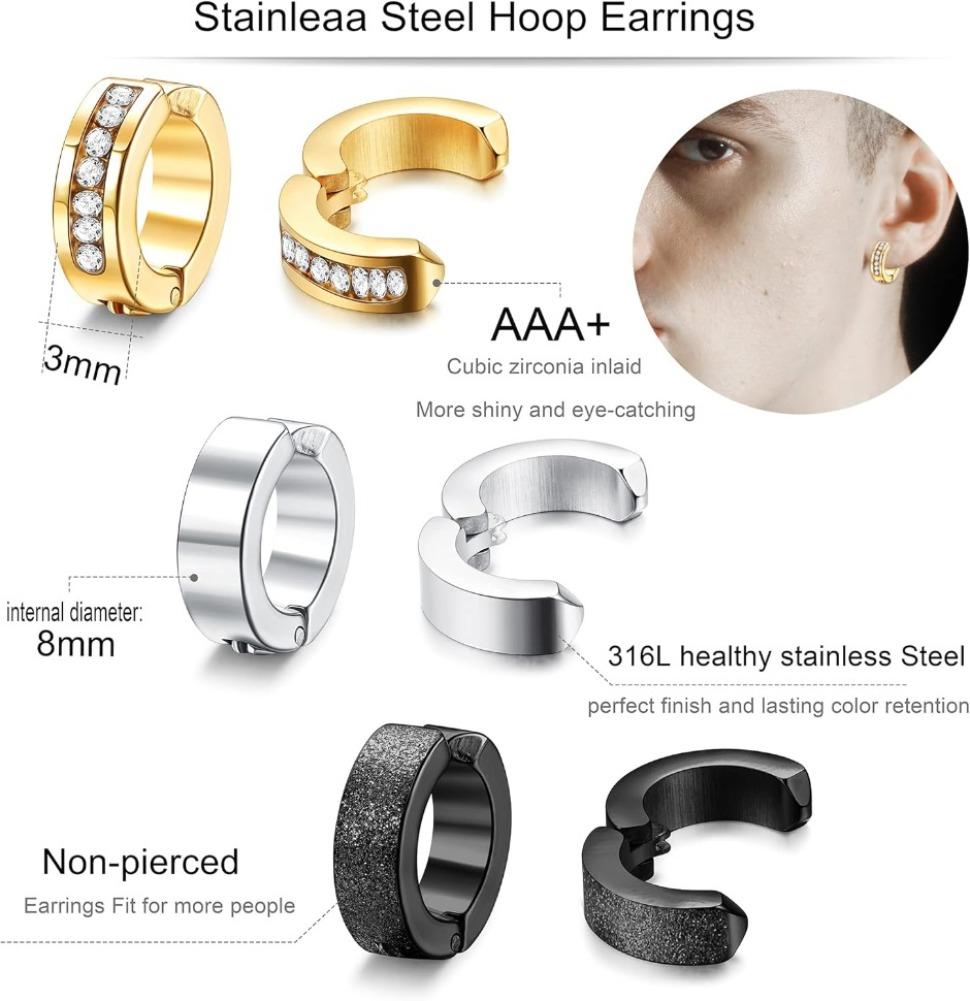 FIBO STEEL 9 Pairs Stainless Steel Clip Hoop Earrings Set for Men Women Paved CZ Ear Clip Non-Piercing Earrings Fashion Jewelry