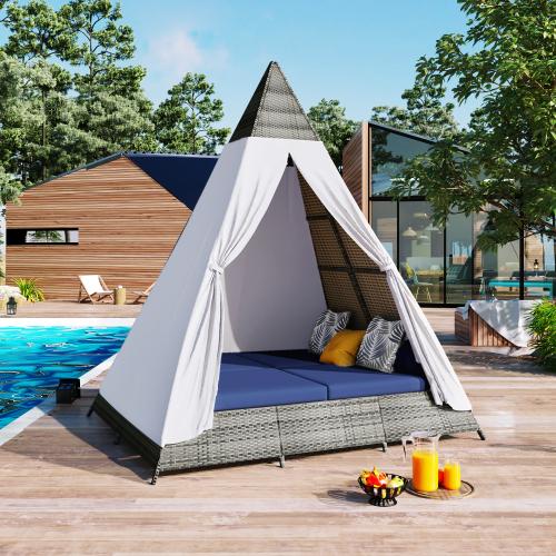 [Bellemave]GO 90.5" Length Outdoor Sunbed With Colorful Pillows, Wicker Patio Daybed With Cushions, Tent Shape, Gray And Blue