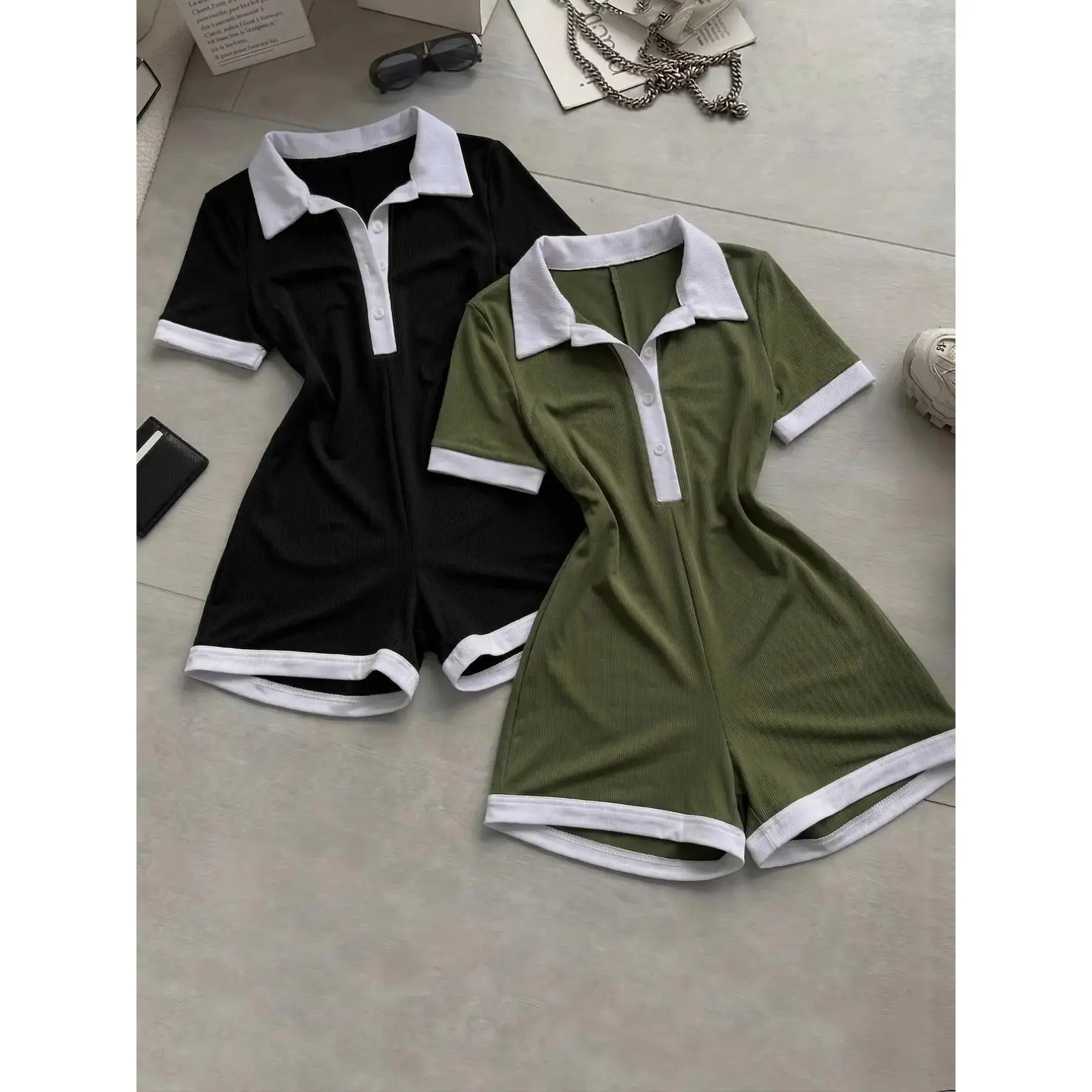 Women's 2-Piece Colorblock Lapel Design Waist Cinching Jumpsuit Set, Comfortable Casual Daily Commute, Sporty Outdoors Wear, Athletic Jumpsuits, Fashionable Jumpsuit, Street Fashion Jumpsuit