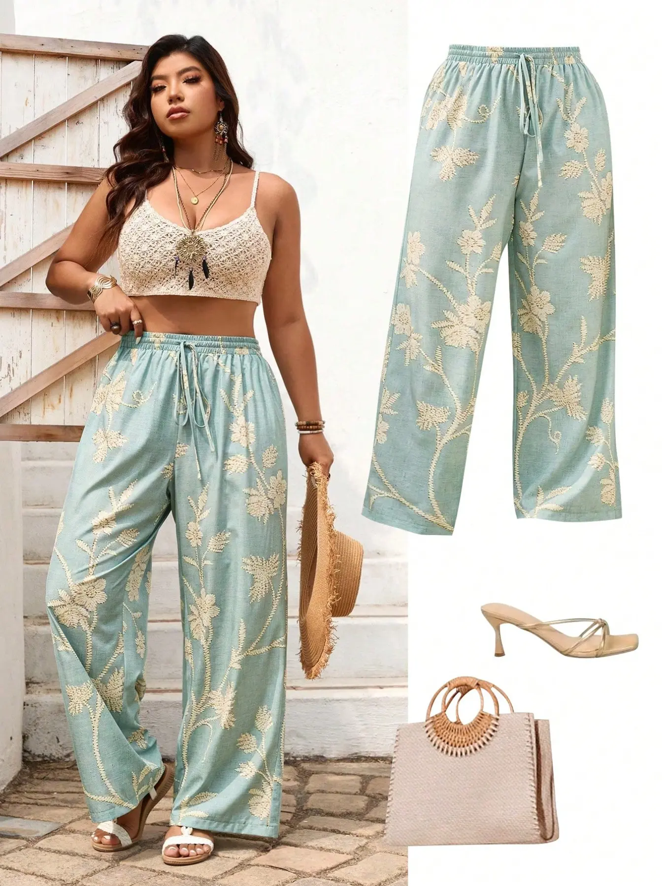 Women's Casual Vacation Drawstring Waist Floral Print Mint Wide Leg Pants, Plus Size Long Loose Straight Fit, Comfortable Drop-Waist Design