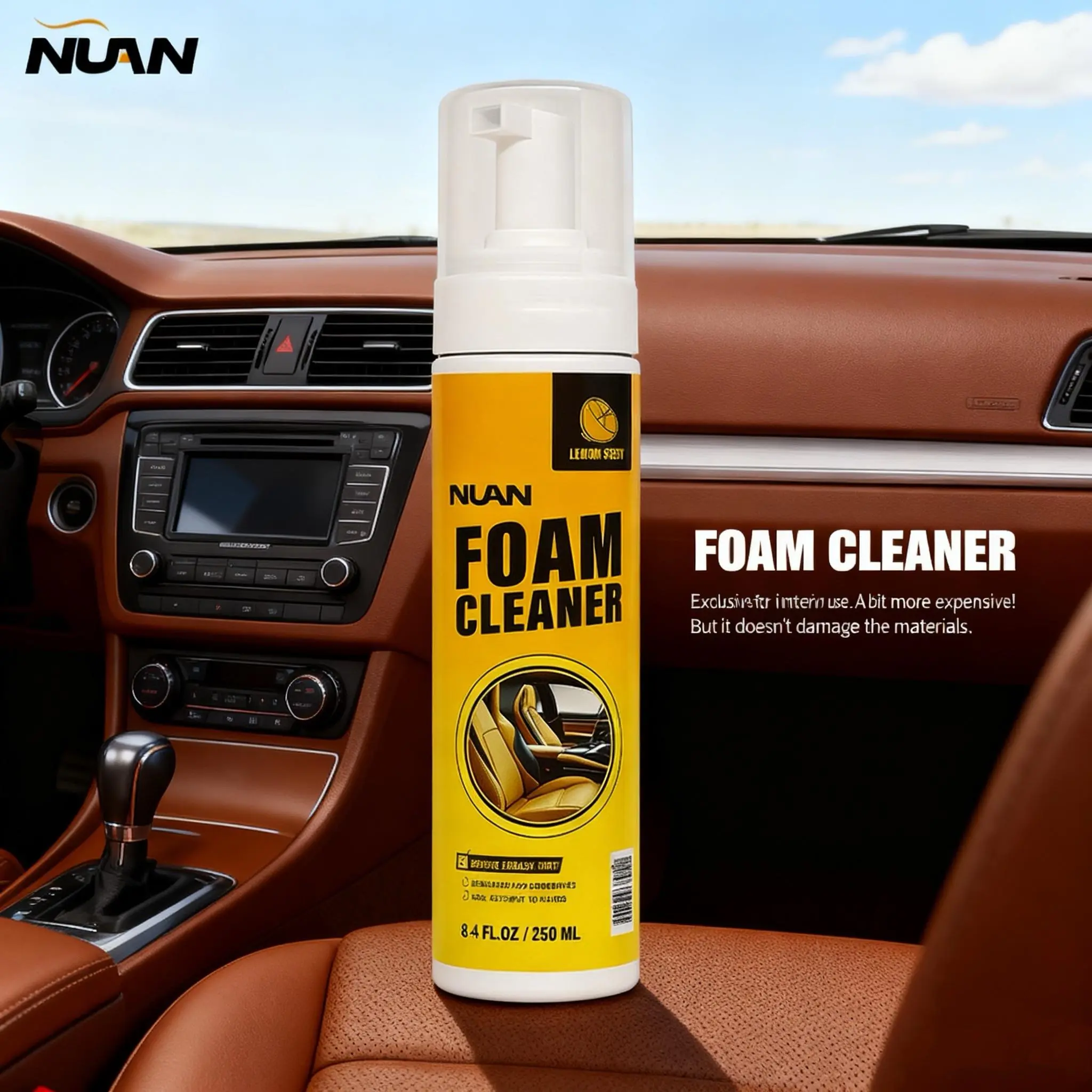 NUAN Foam Cleaner - Multi-Purpose All-Purpose Cleaning Spray, Specialized for Leather, Plastic & Headliners, Thorough Stain Removal Without Residue, Essential Multi-Surface Cleaning Solutions, Multi-Purpose Cleaning Solutions