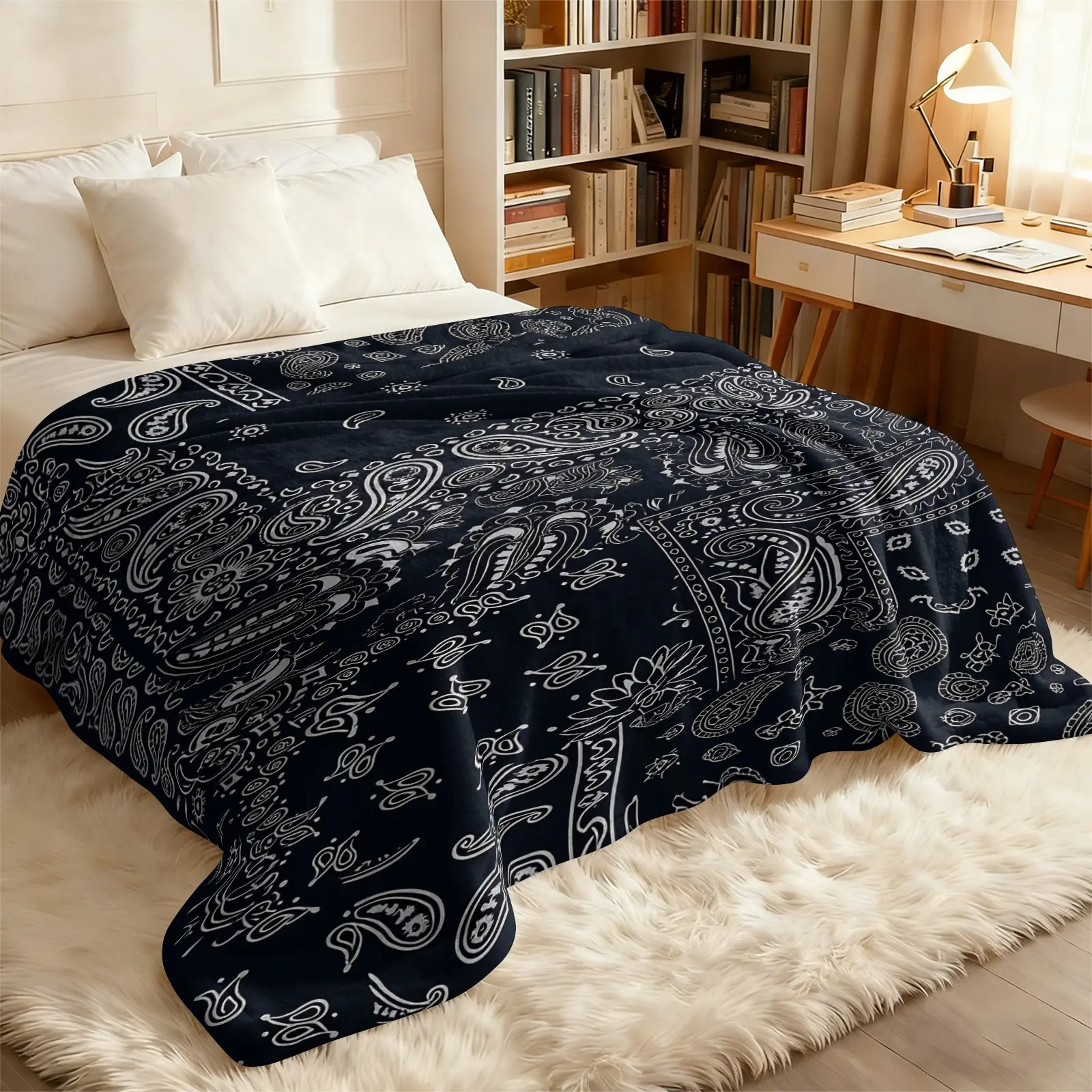 Black Bandana White Paisley Print Flannel Blanket, Oversized Multi-Functional Lightweight Air Conditioning Throw, Soft Fleece for Home Napping Travel Camping Outdoor, Retro Streetwear Style Gift