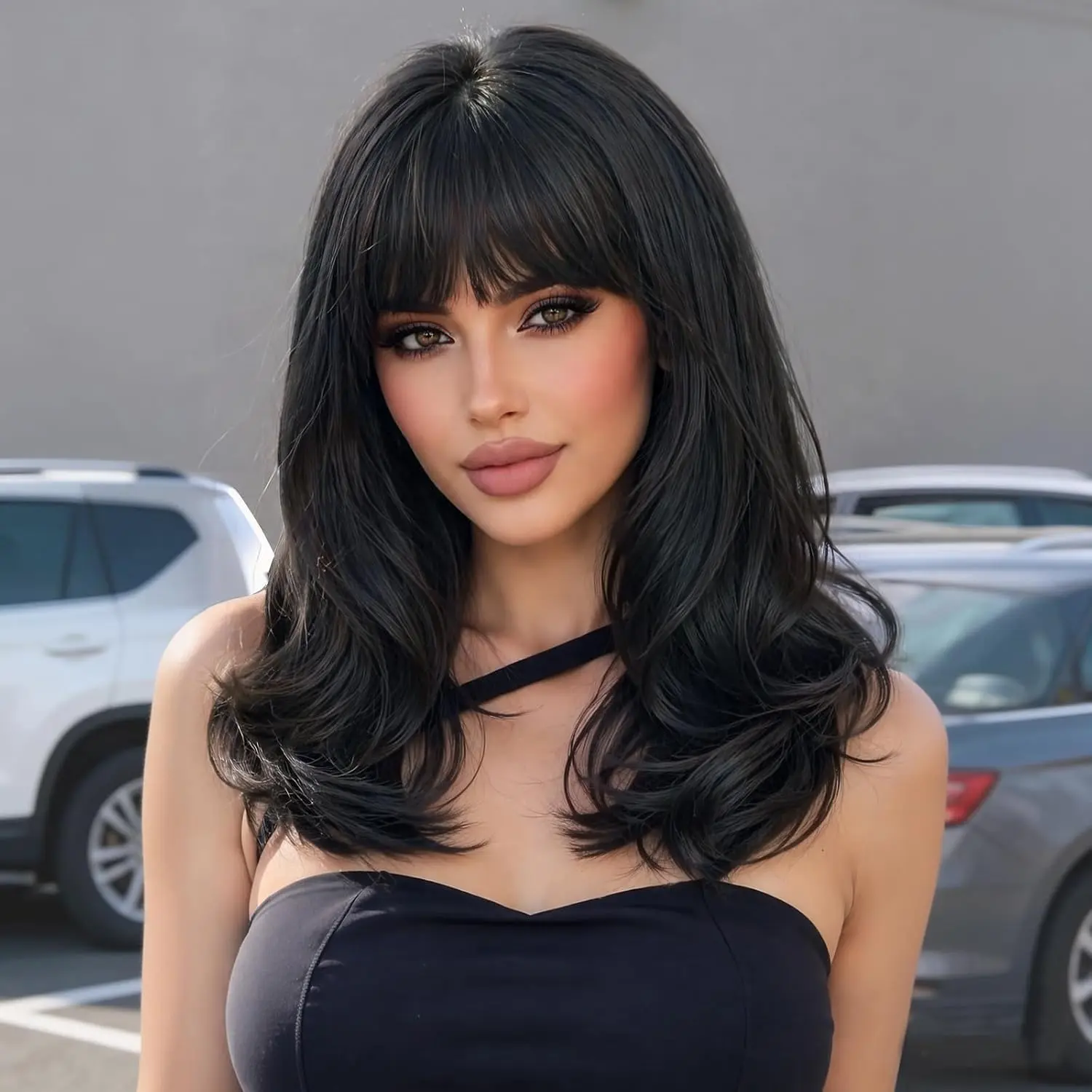 Black Wig with Bangs for Women, Beginners Friendly 4x4 Realistic Scalp Wig, Layered Wavy  Looking -Framing Synthetic Wigs 18Inch for Daily Party Use
