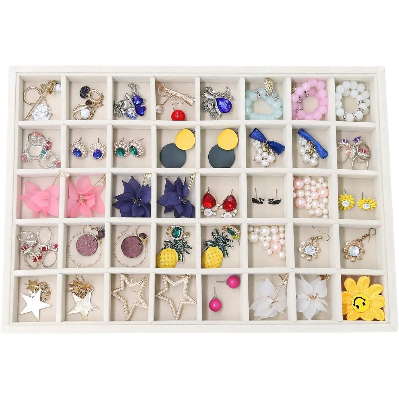 40 Grid Jewelry Organizer Tray, Stackable Drawer Earring Organizer with Adjustable Dividers, Jewelry Display Tray for Necklace Earring Ring Bracelet, 13.8" x 9.4" x 1.2", Beige