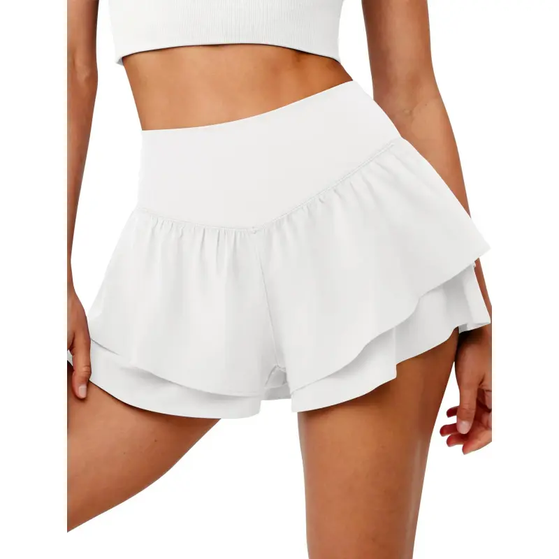 Women's Flowy Athletic Shorts High Waisted Double Ruffle Butterfly Shorts 2 in 1 Running Tennis Shorts with Pockets Breathable Skorts Activewear jean shorts plus size clothing