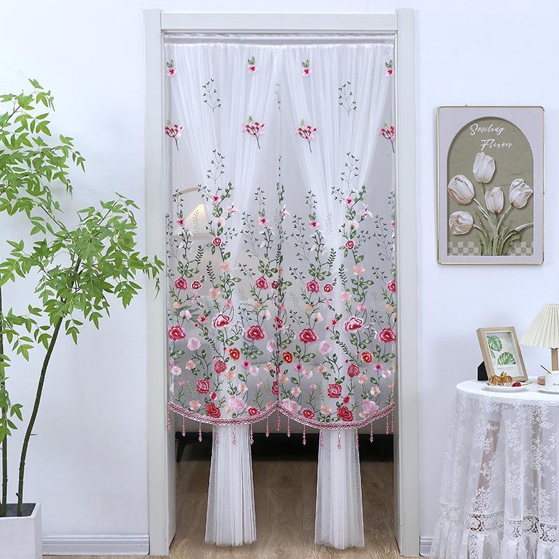 No Drill Sheer Door Curtain, Beaded Embroidery Privacy Curtain, Mosquito Net for Bedroom, Long Partition Curtain for Home Decor