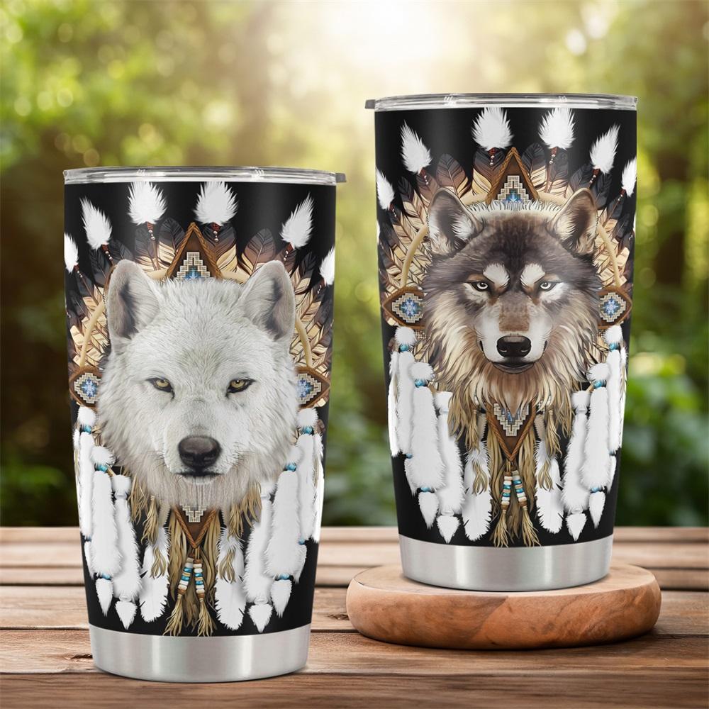 20oz Tumbler, 1 Count Wolf Pattern Stainless Steel Cup, Insulated and Durable Cup, Great Gifts for Wolf Lovers and People Who Love Indian Culture, Drinkware, Bottles, Insulated Water Bottle