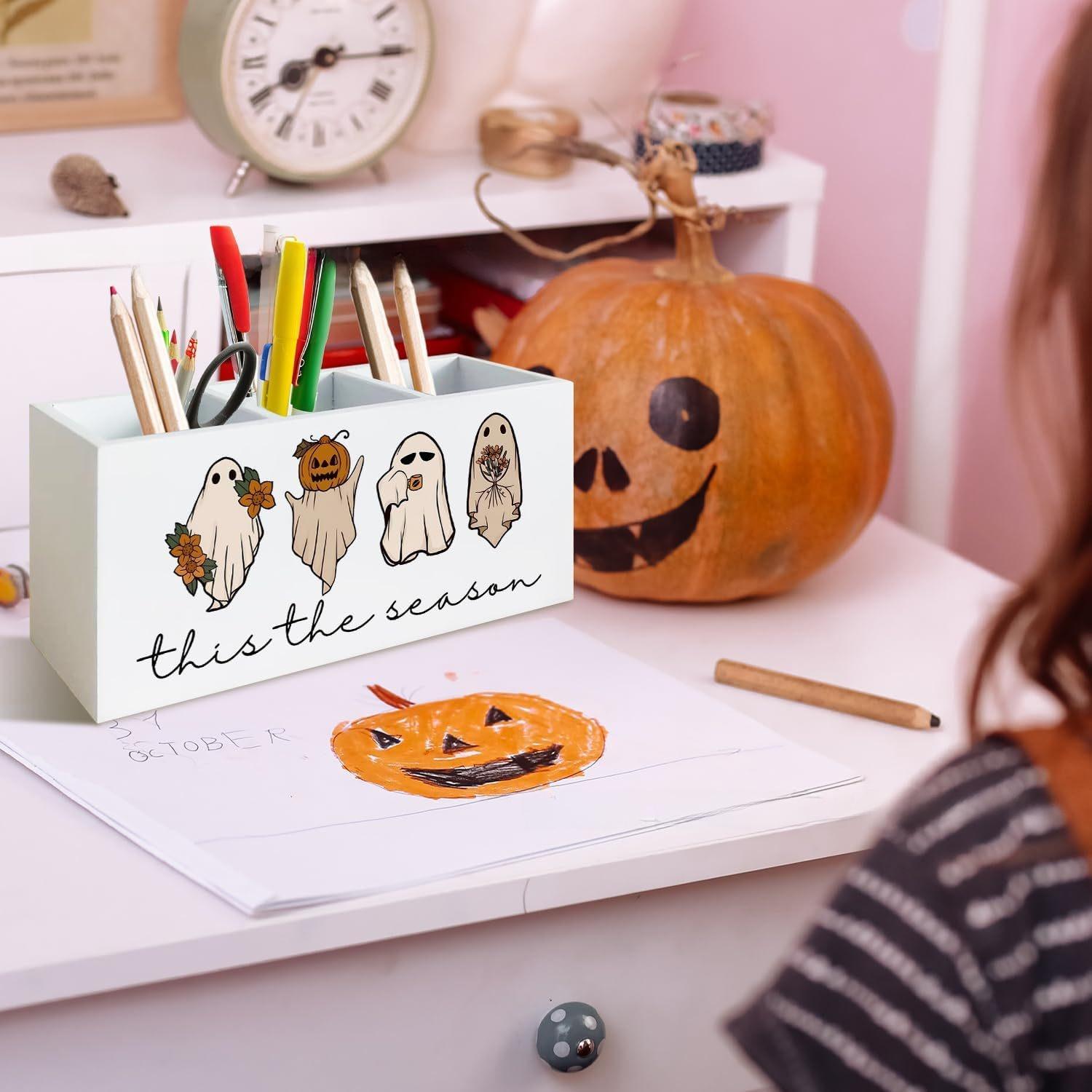 Halloween Ghost Pumpkin Pen Holder, Cute Desk Organizer, Spooky Season Office Decor, Back to School Gift