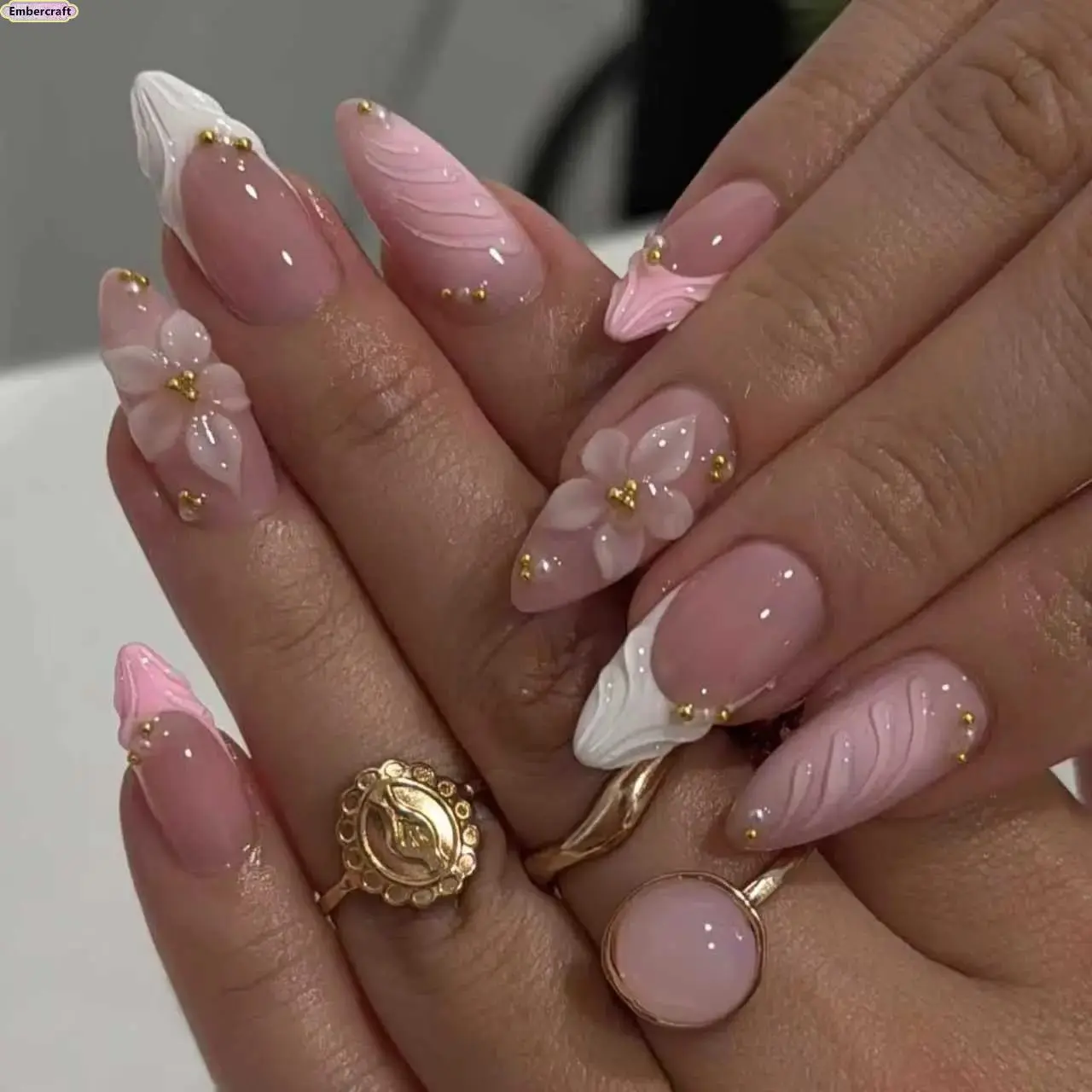 Pink 3D Flower Press-On Nails for Women, Almond French Tip Fake Nails with Wave Design, Glossy Reusable Glue-On Nail Set, Nude Pink Acrylic False Nails for Everyday Wear, Wedding, Date Night, Vacation, Salon Look at Home