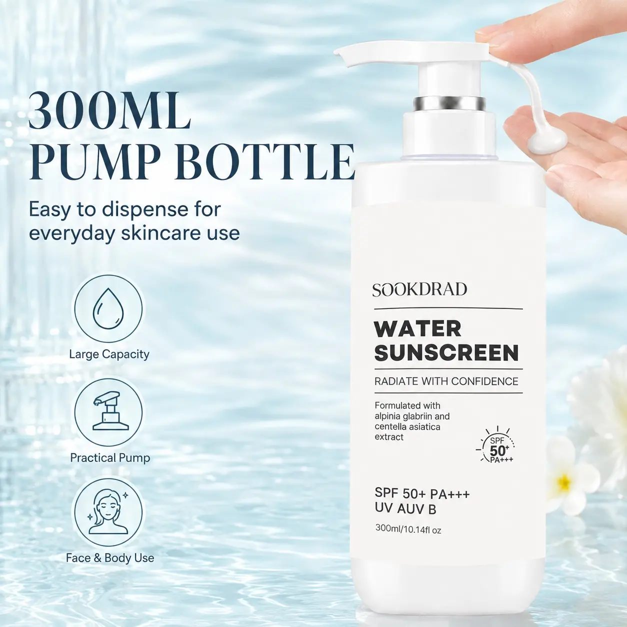 water sunscreen, formulated with alpinia glabriin extract, formulated with centella asiatica extract, SPF50+, PA+++, UV A protection, UV B protection, 300ml